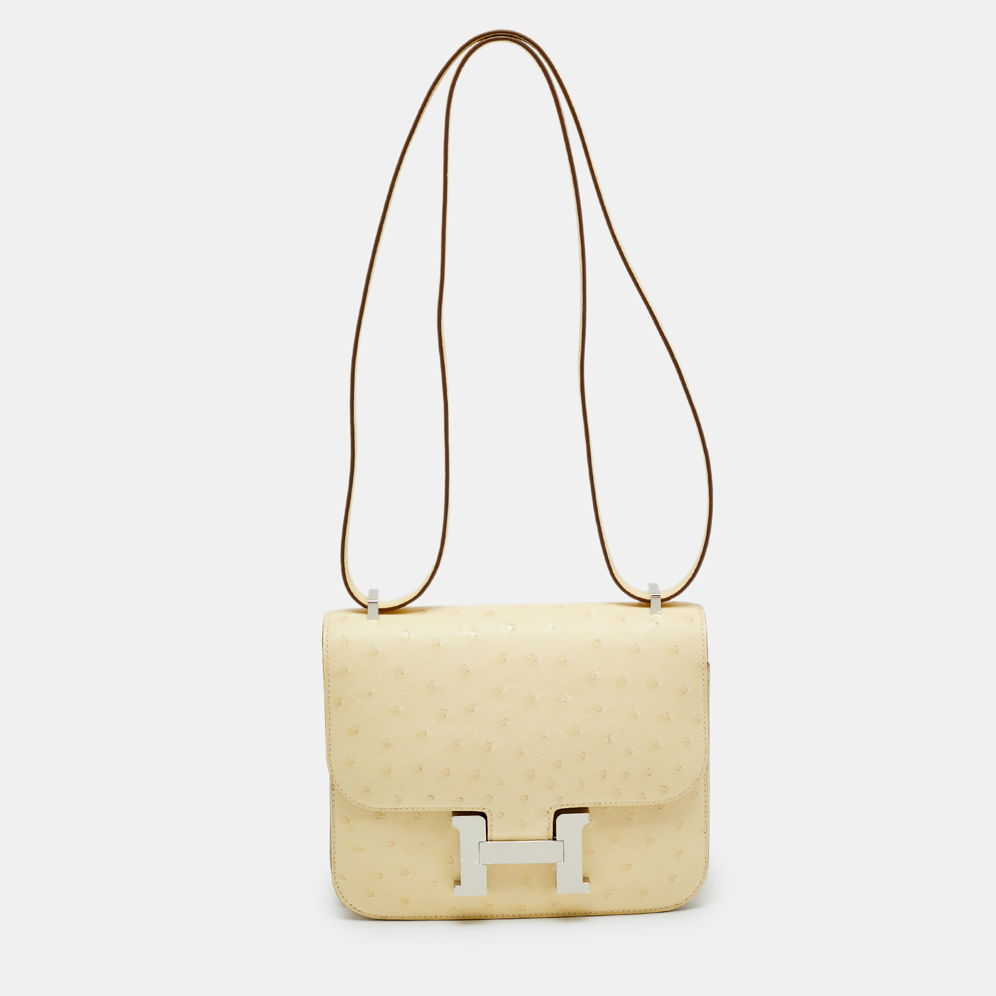 

Hermès Constance 18 Mini Palladium Finish Vanille Ostrich Crossbody Bag, Cream