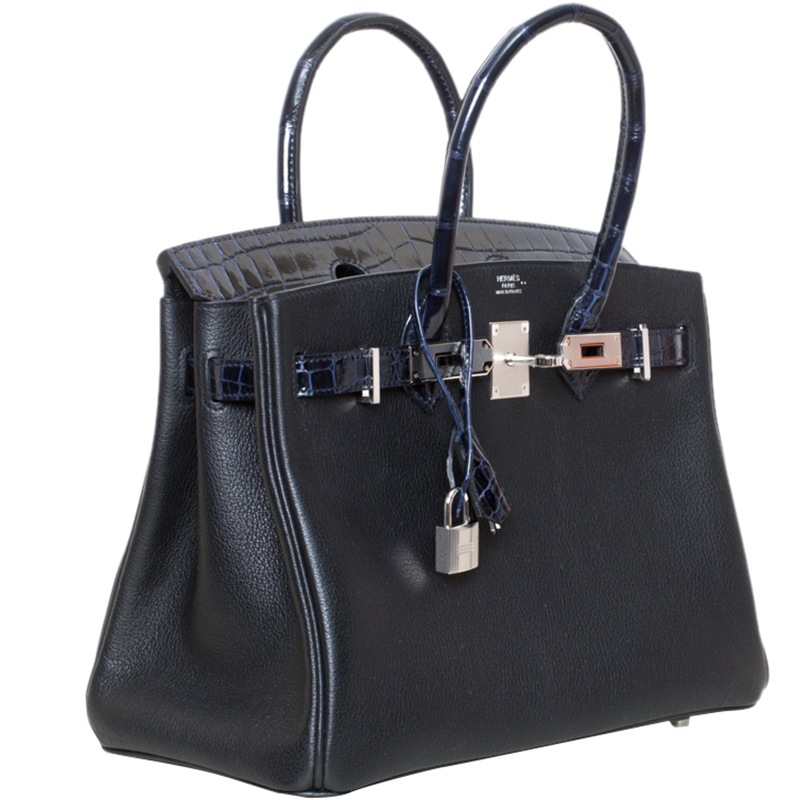 

Hermes Blue Marine/Black Crocodile and Taurillon Novillo Leather Palladium Hardware Birkin 30 Bag