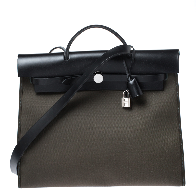 Pre Owned Hermes Khaki Green/Black Leather and Canvas Herbag Zip 39 Bag