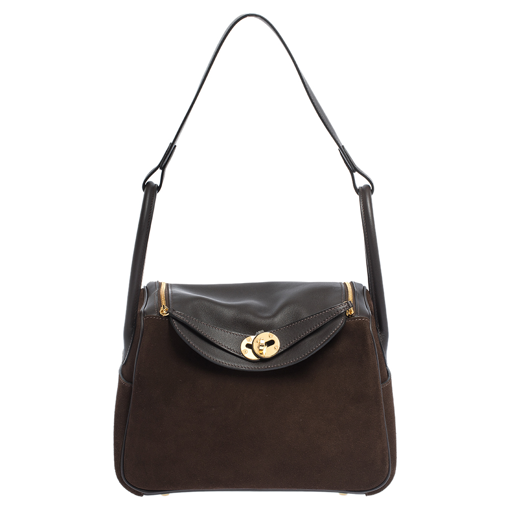 Pre Owned Hermès Cacao Grizzly and Swift Leather Gold Hardware Lindy 26 Bag