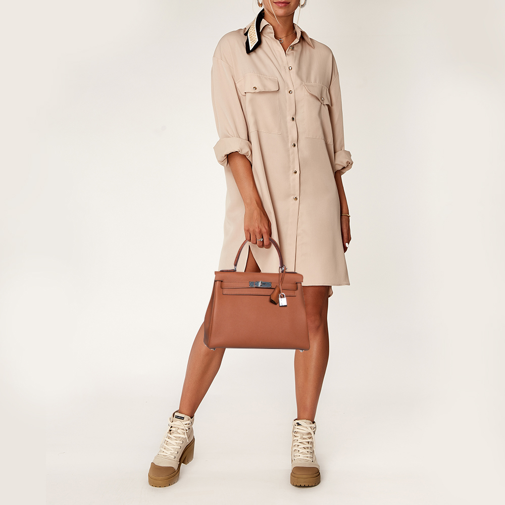 

Hermes Gold Crocodile and Togo Leather Palladium Plated Kelly Touch Retourne 28 Bag, Brown