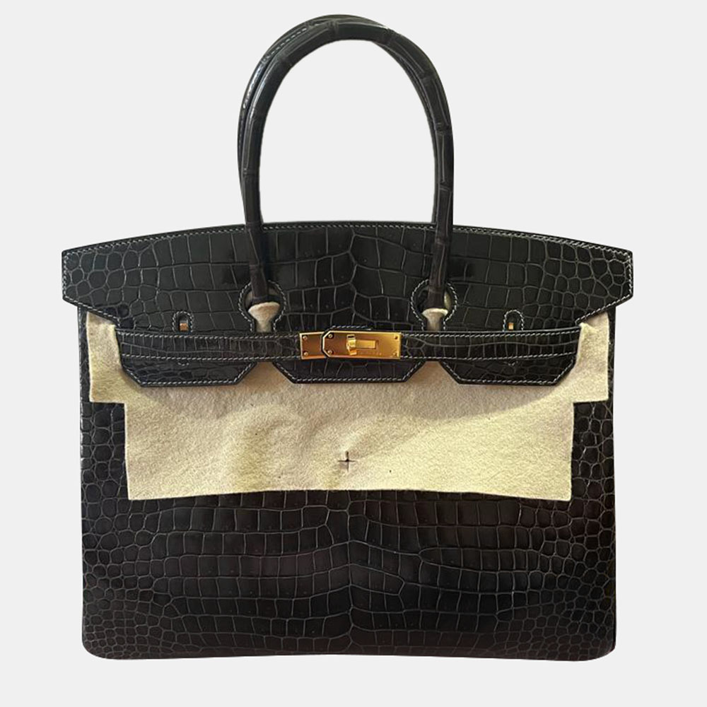 Preowned Hermes Black Graphite Smooth Porosus Crocodile Leather Gold