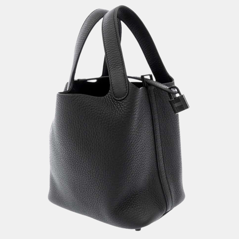 

Hermes Black Taurillon Clemence Leather Monochrome Picotin Lock PM Top Handle Bag