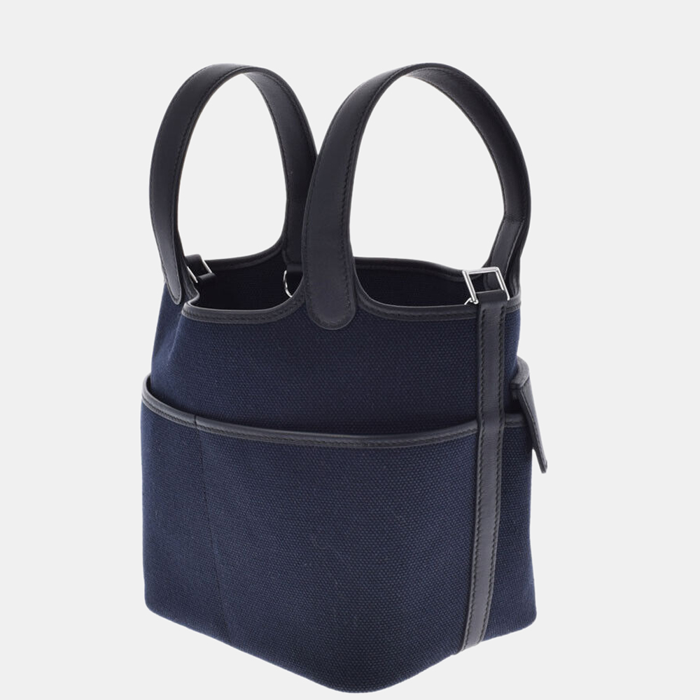 

Hermes Black/Blue Leather Canvas Toile Cargo Picotin Lock PM Tote Bag