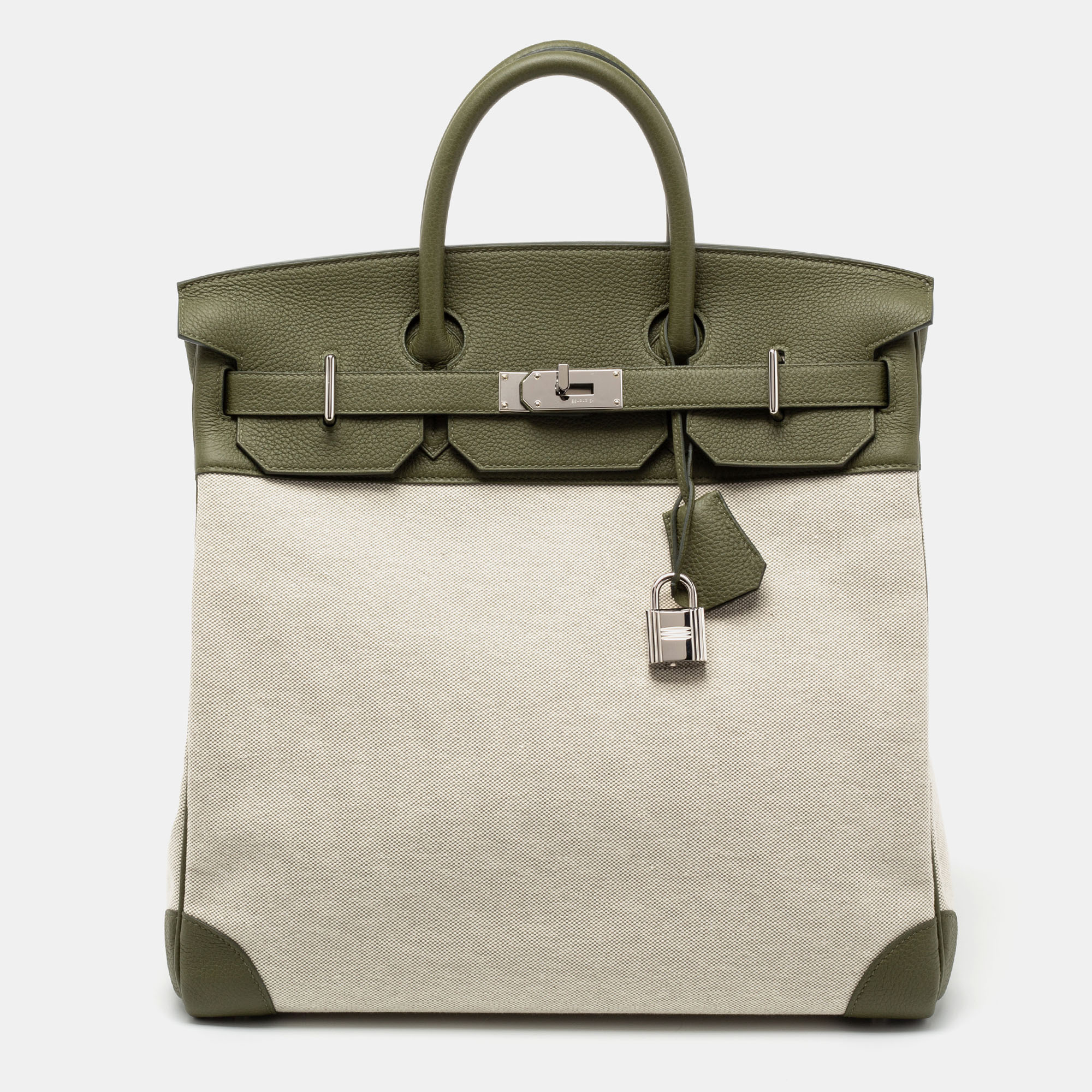 Pre Owned Hermes Vert Veronese/Beige Canvas and Leather Palladium Finish HAC Birkin 40 Bag