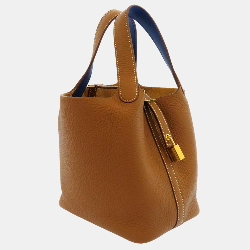 

Hermes Gold/Blue Taurillon Clemence/Swift Leather Eclat Leather Picotin Lock PM Tote Bag