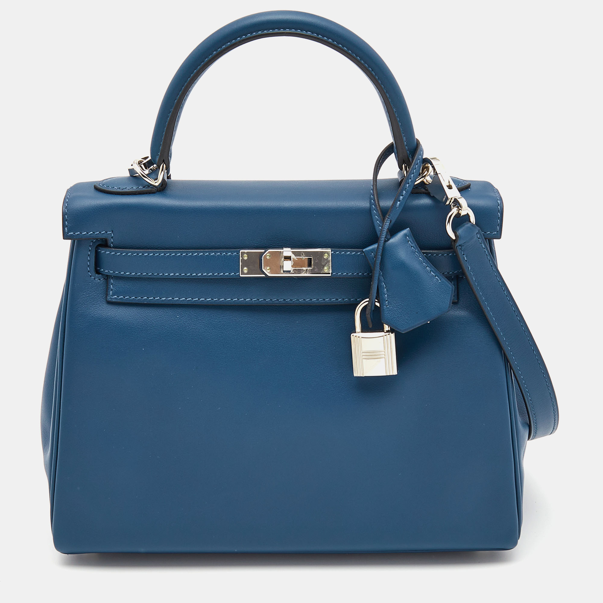 A LIMITED EDITION BLEU SAPHIR SWIFT LEATHER PADDED SELLIER KELLY 25 WITH  PALLADIUM HARDWARE