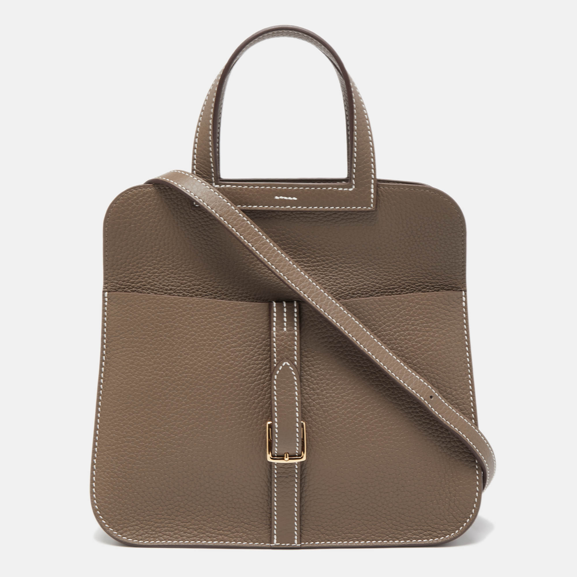 Pre Owned Hermès Etoupe Taurillon Clemence Leather Gold Finish Halzan 25