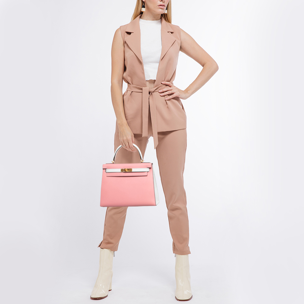

Hermes Rose Confetti/Mykonos/Blanc Epsom Leather Brushed Gold Finish Kelly Sellier 28 Bag, Pink