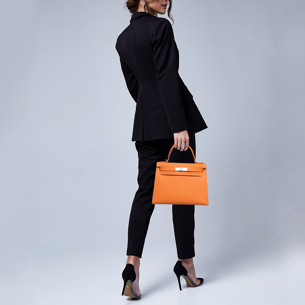 

Hermes Orange Epsom Leather Palladium Finish Kelly Sellier 28 Bag