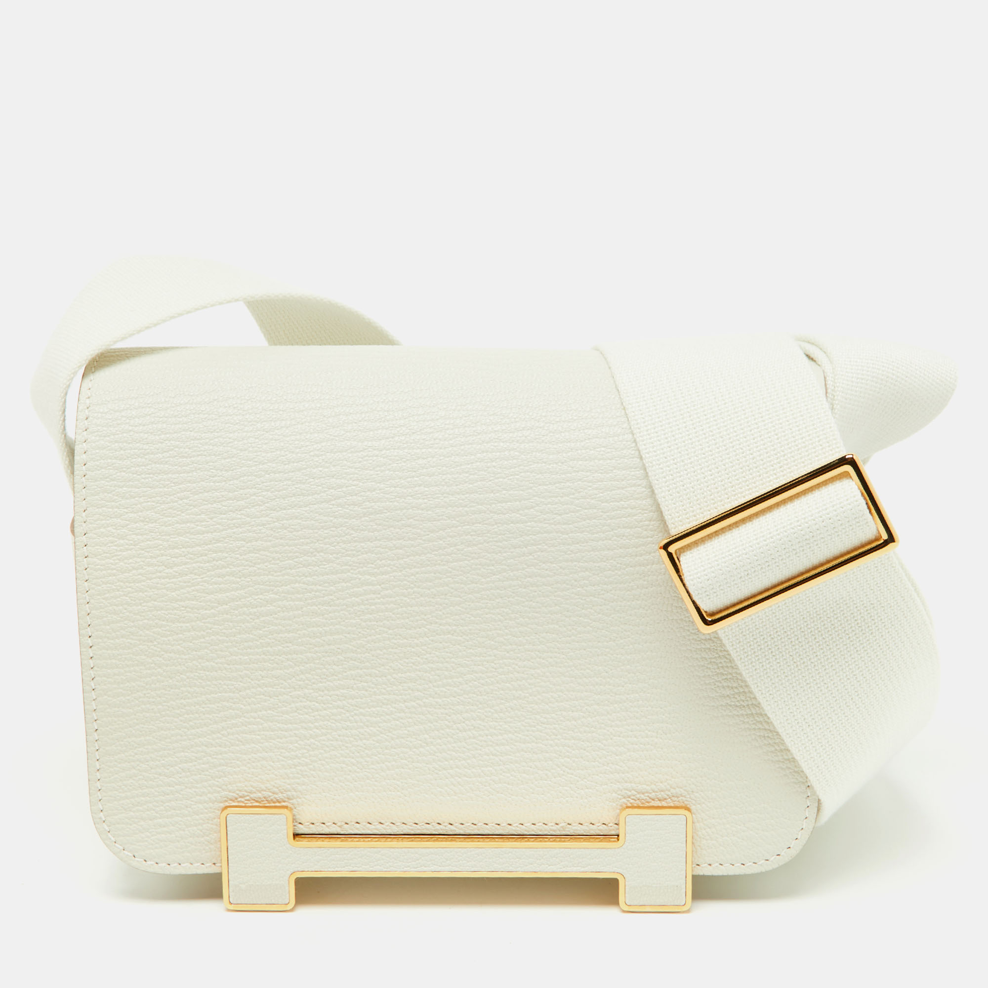 Pre-owned Hermes Hermès Mushroom Chèvre Leather Gold Finish Geta Sangle Bag In White