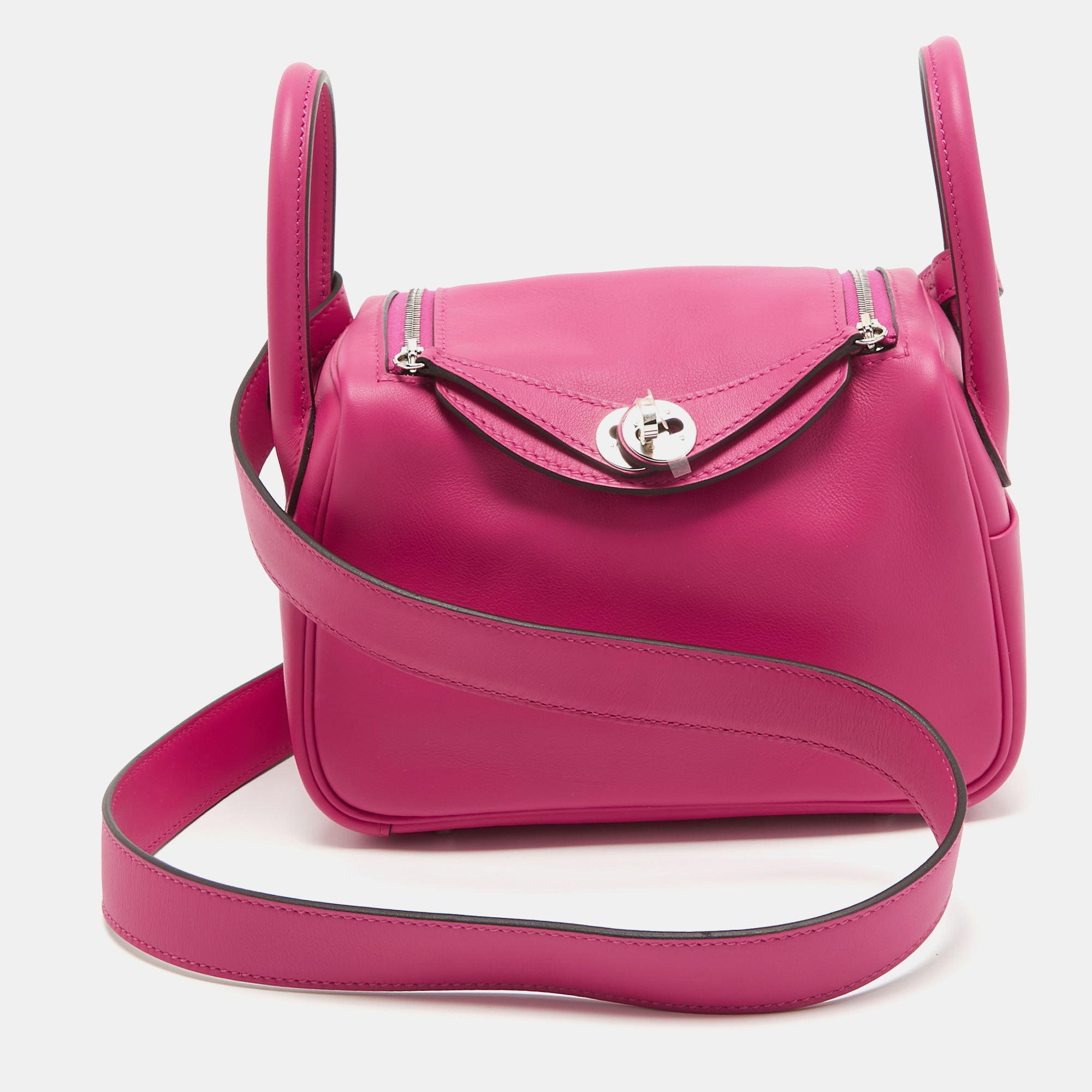 

Hermès Rose Shocking Swift Leather Palladium Finish Mini Lindy Bag, Pink