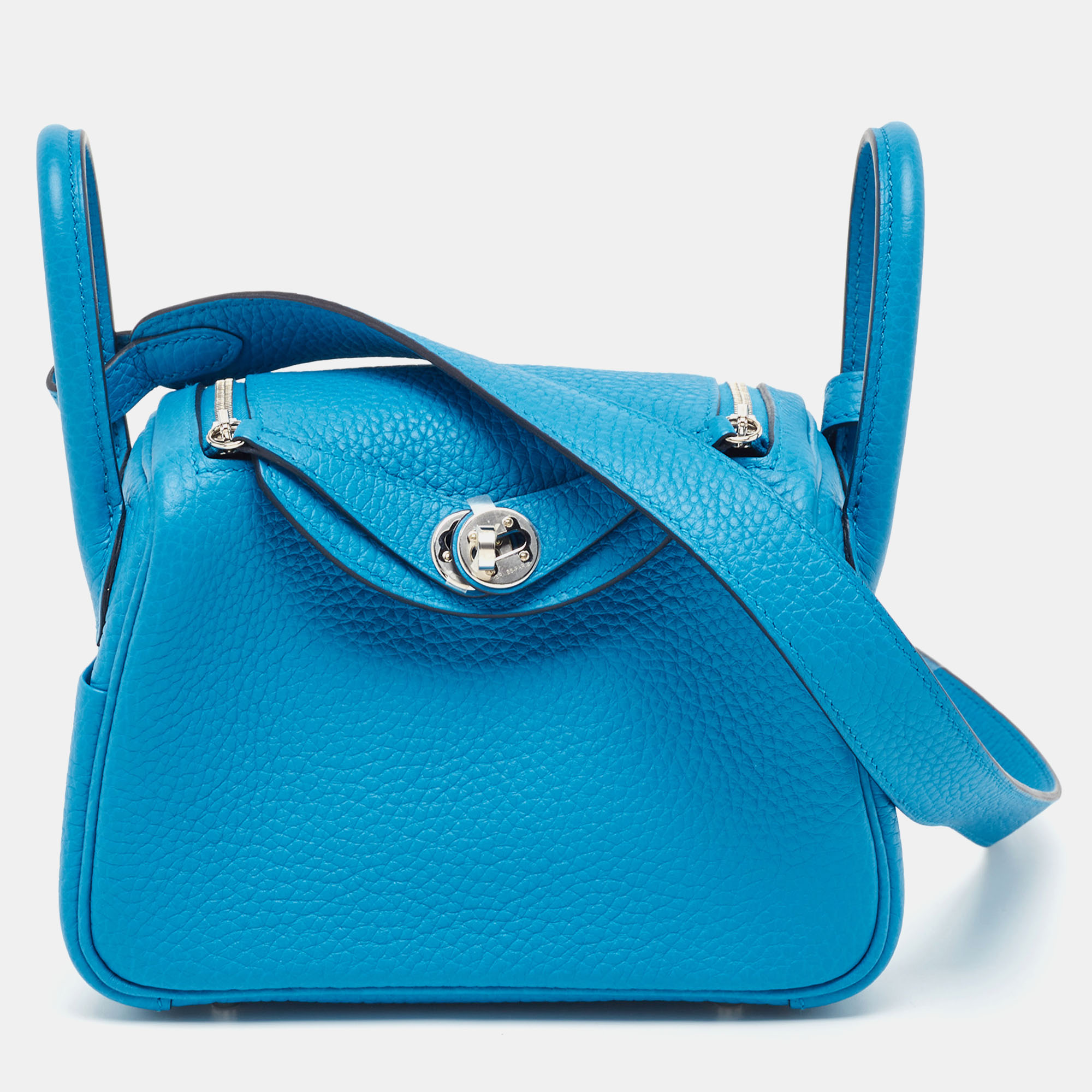 

Hermès Bleu Frida Taurillon Clemence Leather Palladium Finish Mini Lindy Bag, Blue