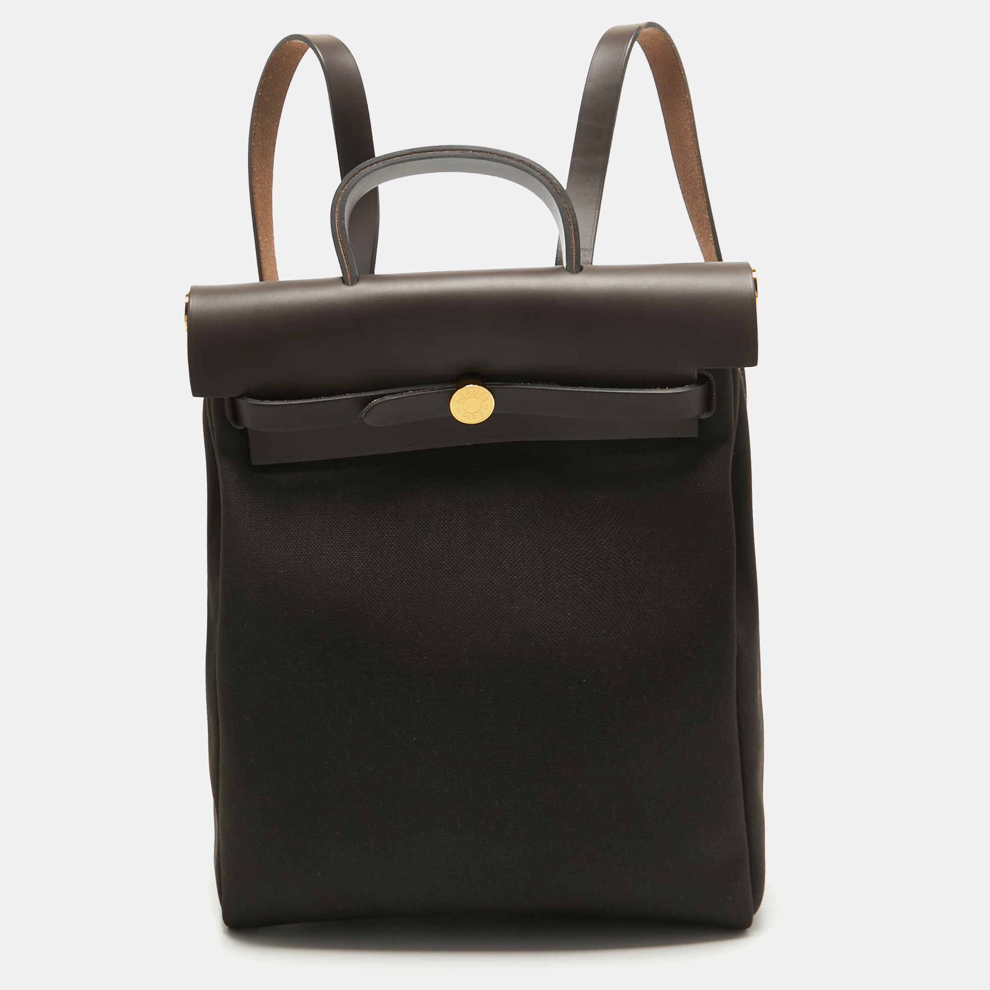 Hermès Ebene Toile Militaire and Vache Hunter Leather Herbag a Dos Zip Retourne Backpack