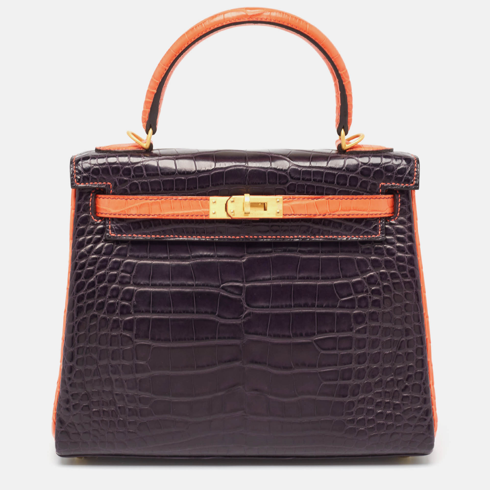 

Hermès Orange Poppy/Amethyst Alligator Gold Finish Made To Order Kelly Retourne 25 Bag, Purple