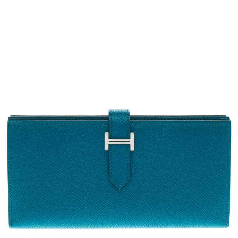 Pre Owned Hermes Blue Paon Epsom Leather Bearn Gusset Wallet