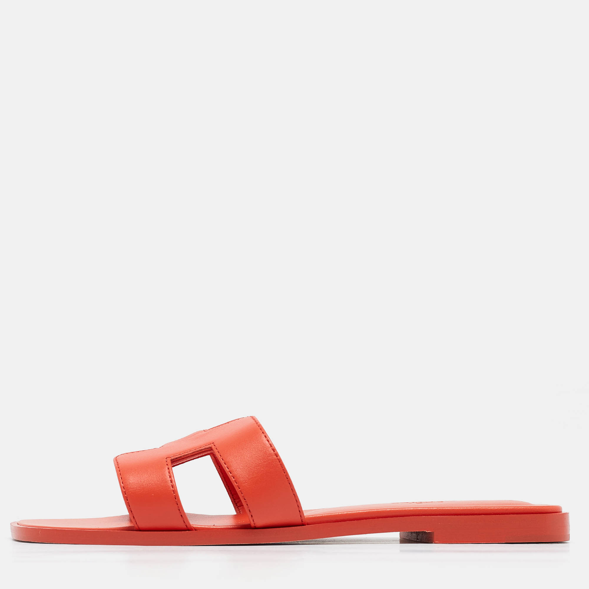 Hermes Orange Leather Oran Flat Slides Size 38