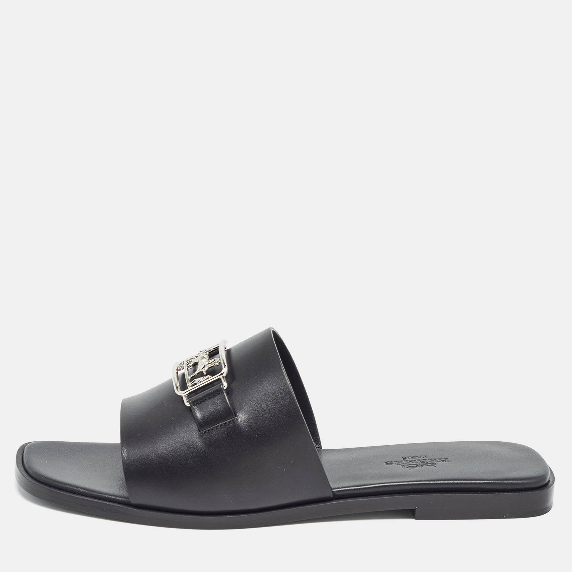 

Hermes Black Leather Villa Flat Slides Size