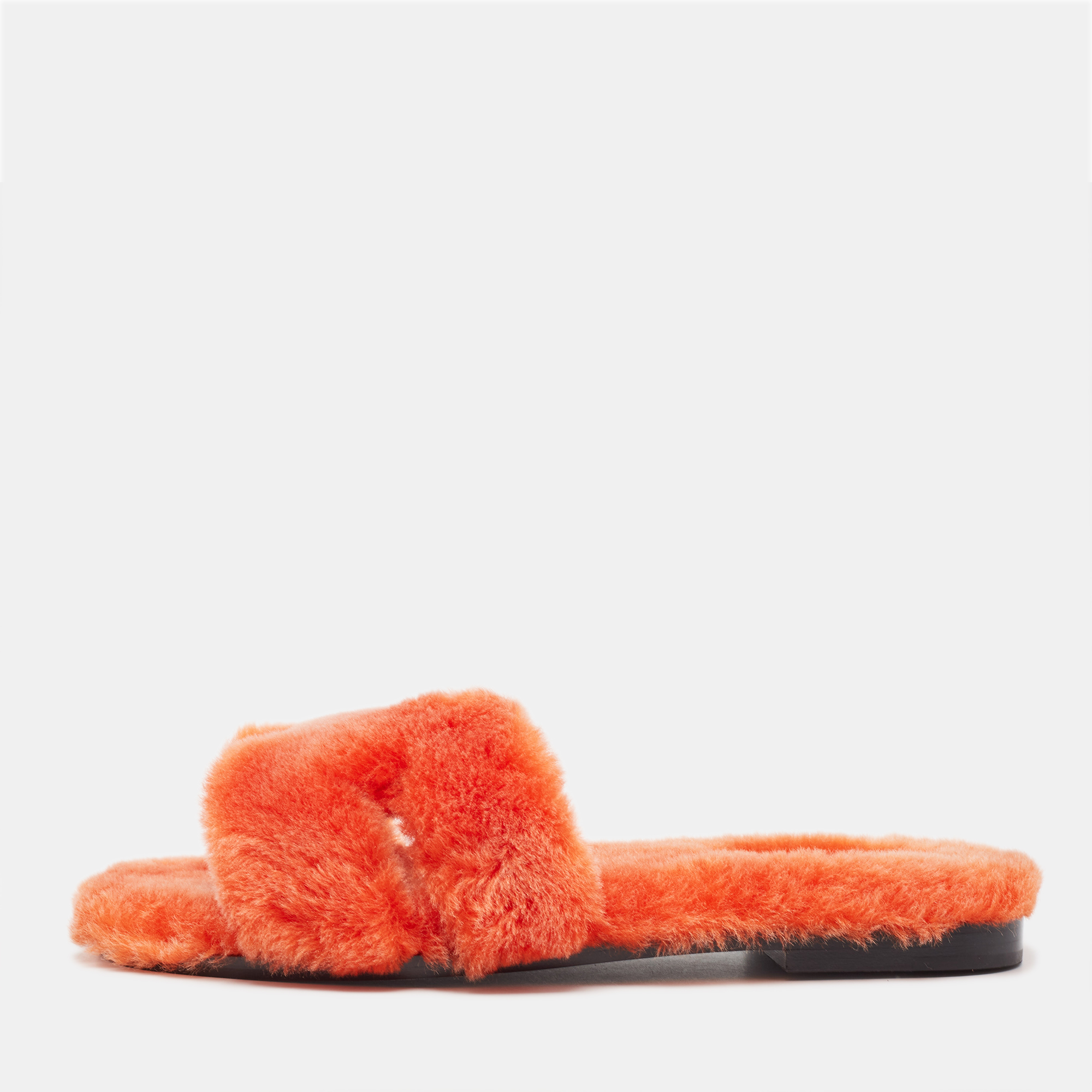 Pre-owned Hermes Orange Shearling Fur Oran Flat Slides Size 38