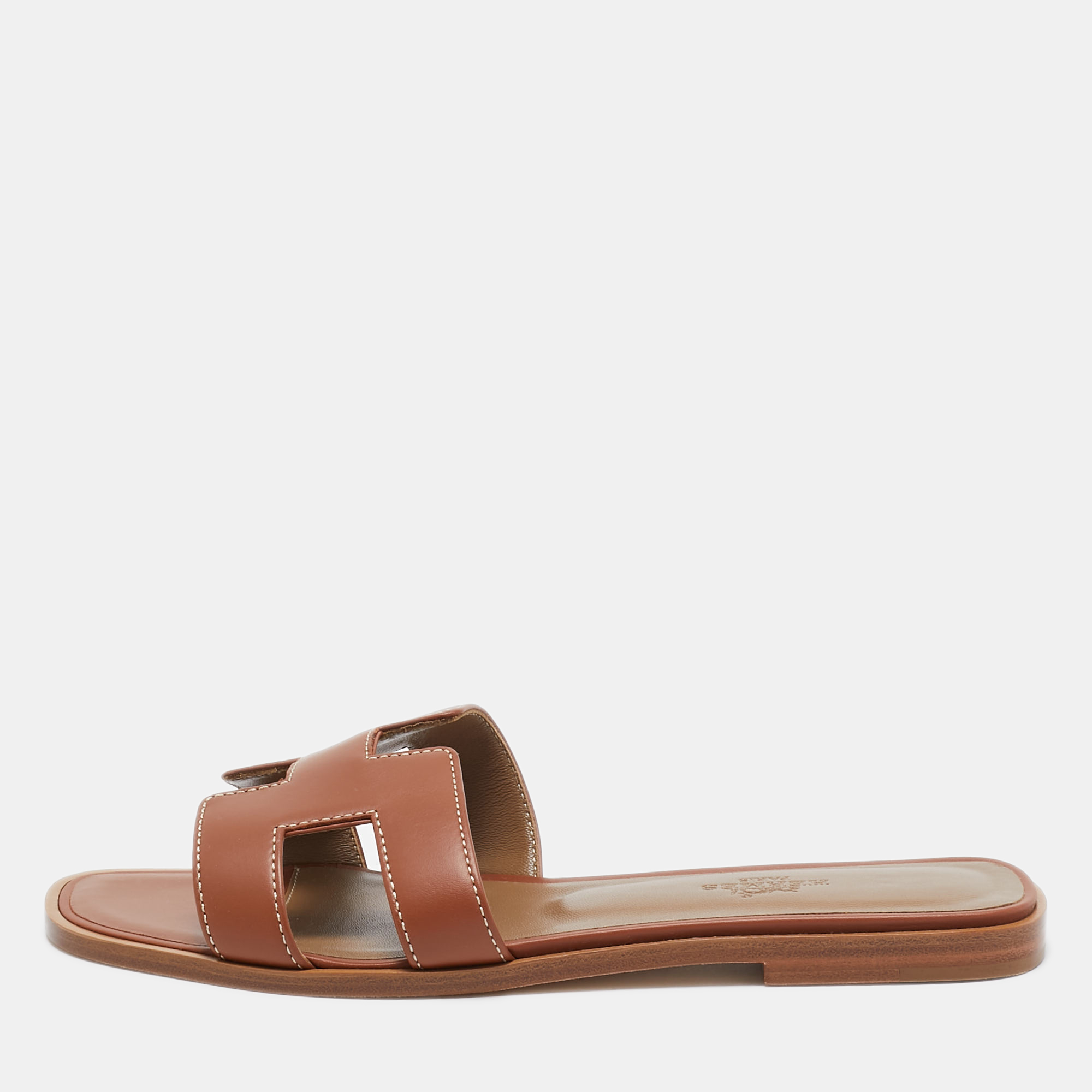 

Hermes Brown Leather Oran Flat Slides Size