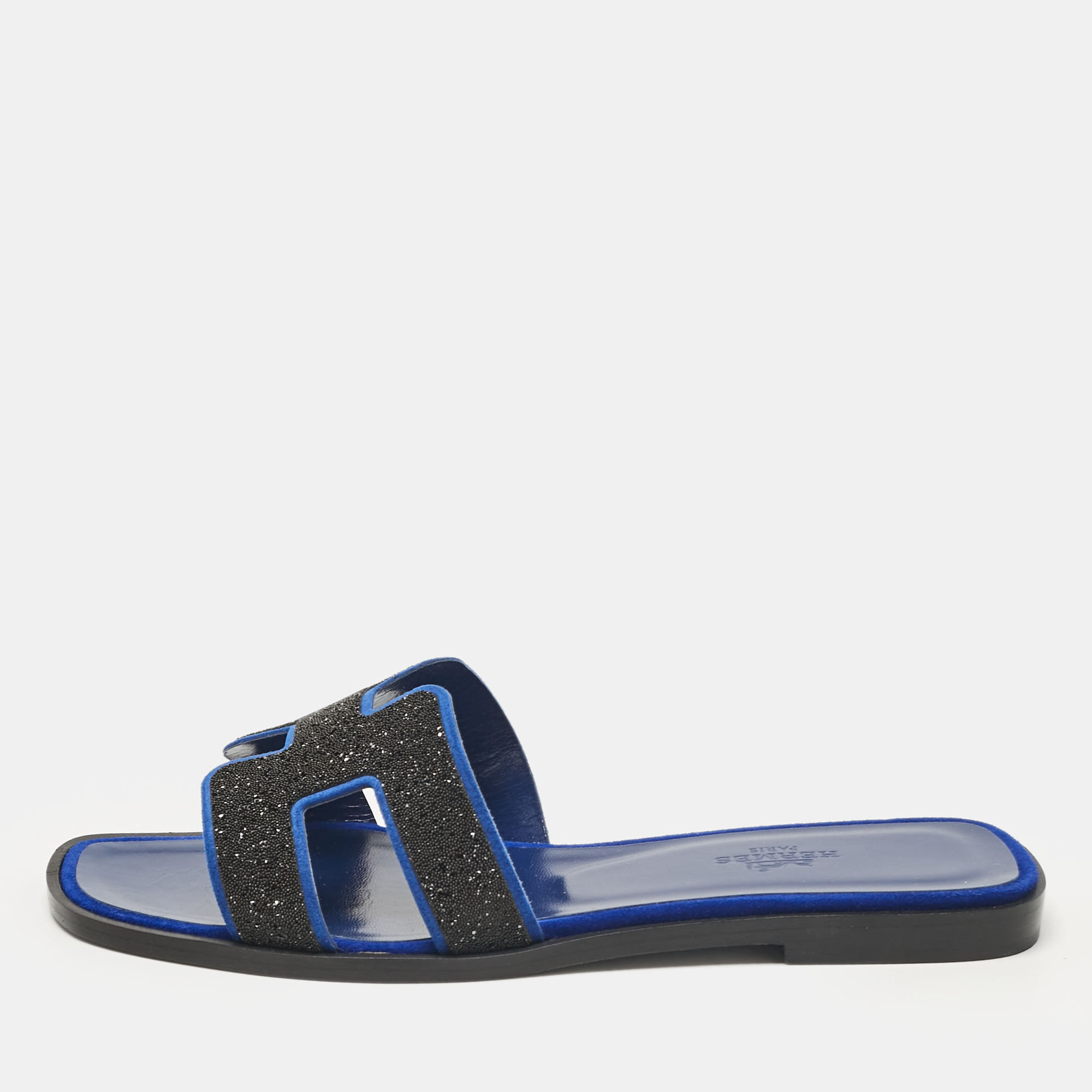 Blue/Black Suede Crystal Embellished Oran Flat Slides Size 36.5