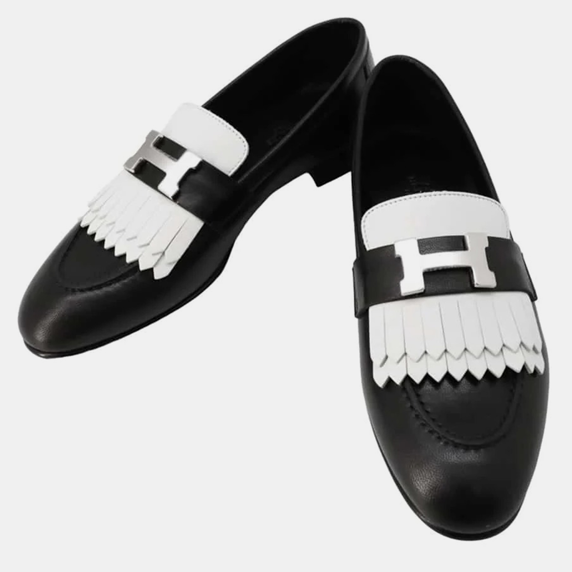 

Hermes Black/White Chevres Mocassins royale loafers Size 35H