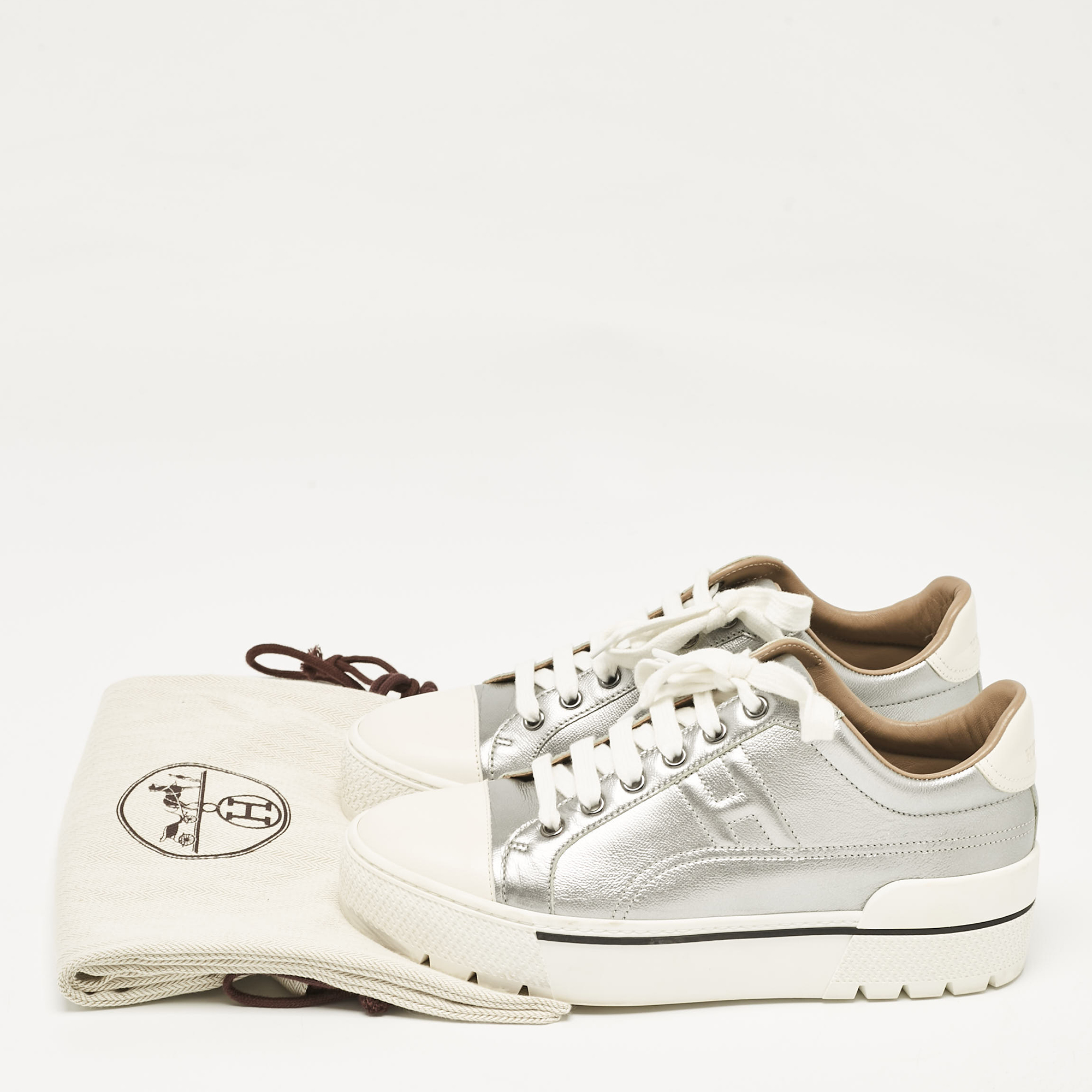 Hermes Silver/White Leather Voltage Low Top Sneakers Size 38 