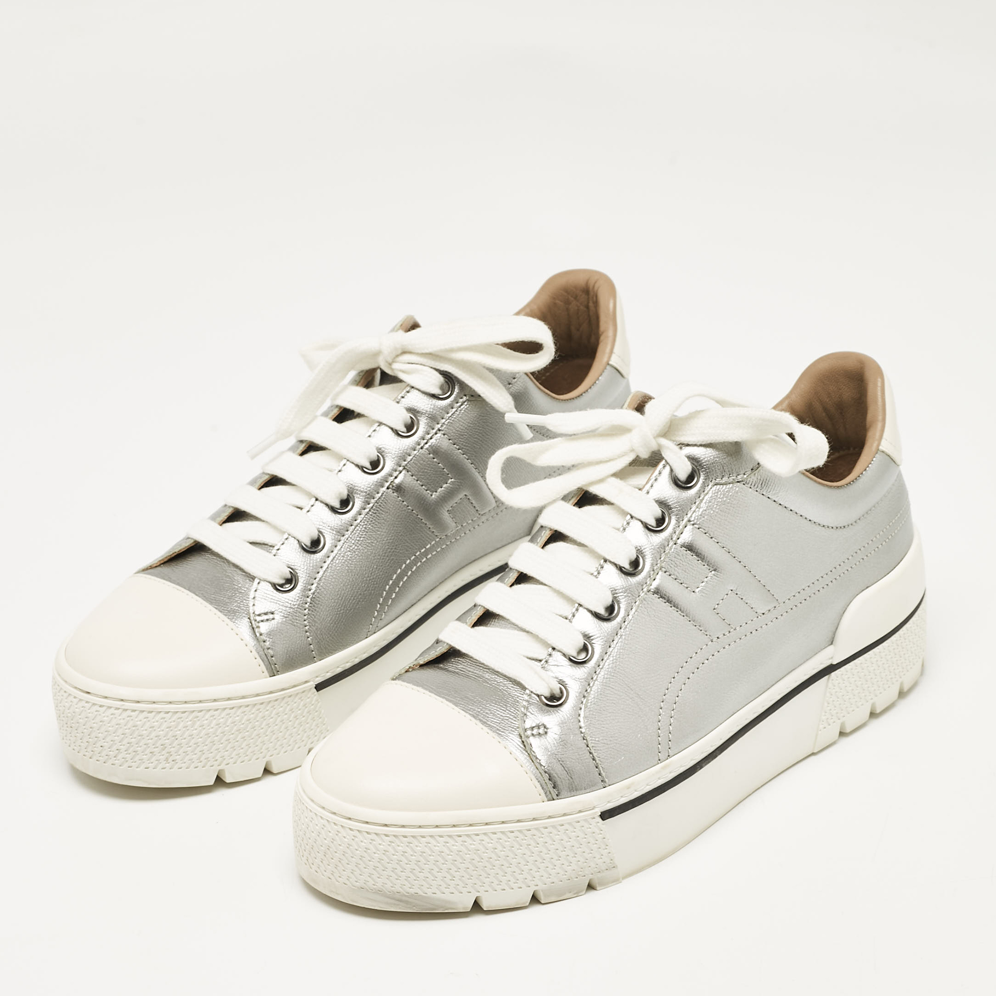 Hermes Silver/White Leather Voltage Low Top Sneakers Size 38 