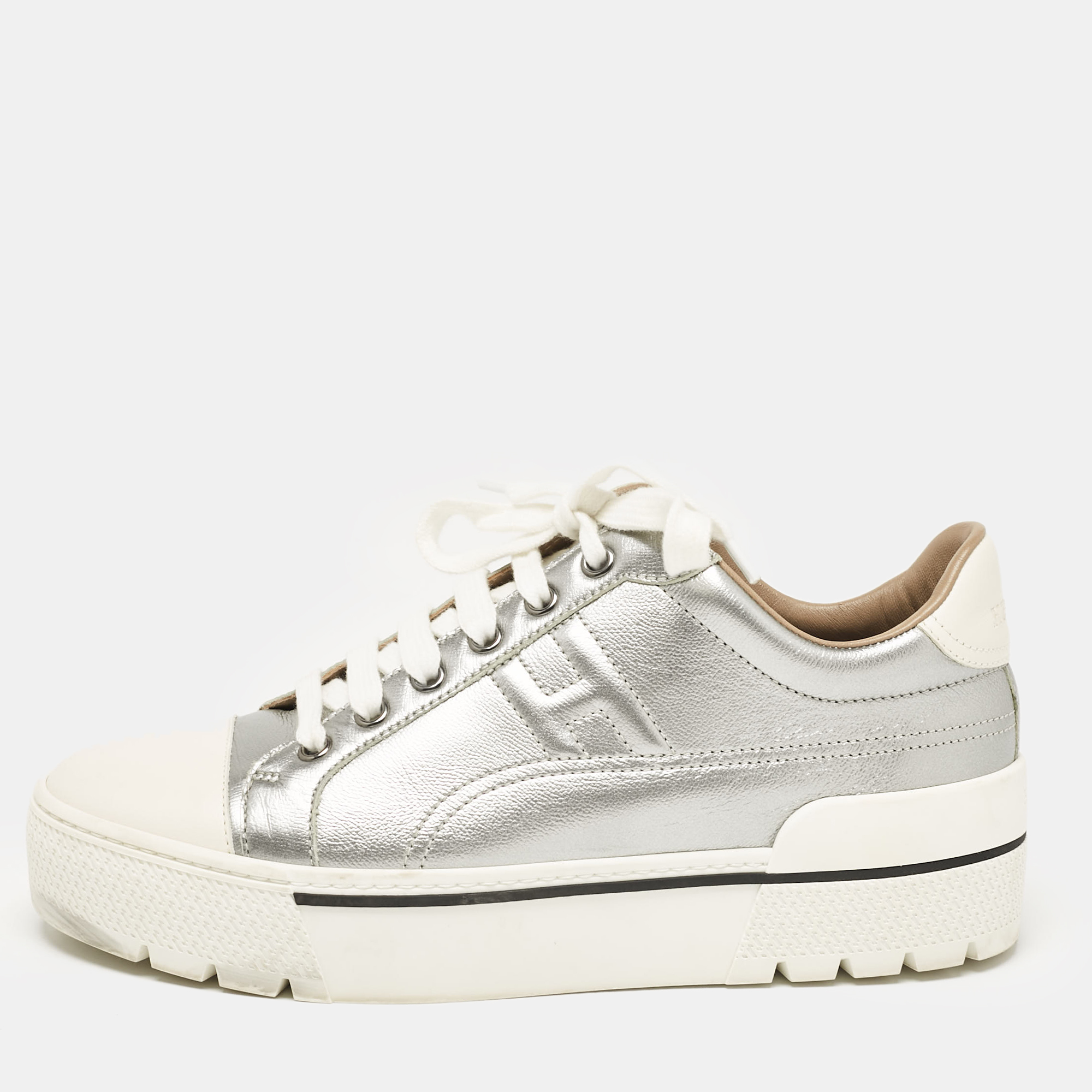 

Hermes Silver/White Leather Voltage Low Top Sneakers Size