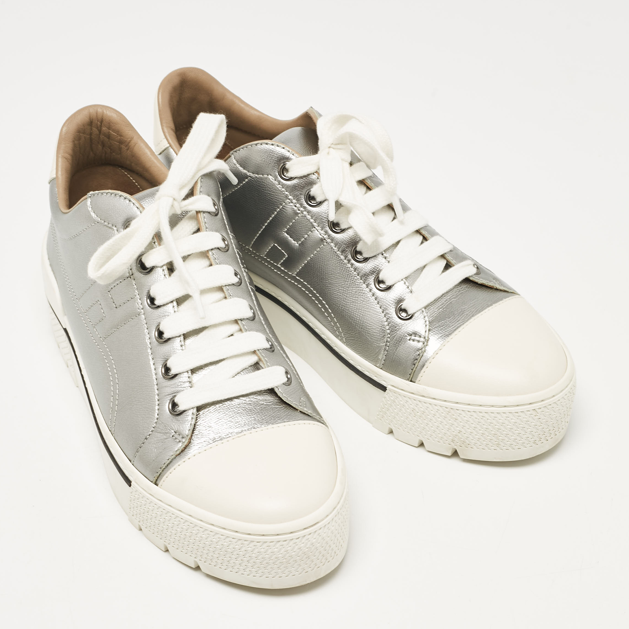 Hermes Silver/White Leather Voltage Low Top Sneakers Size 38 