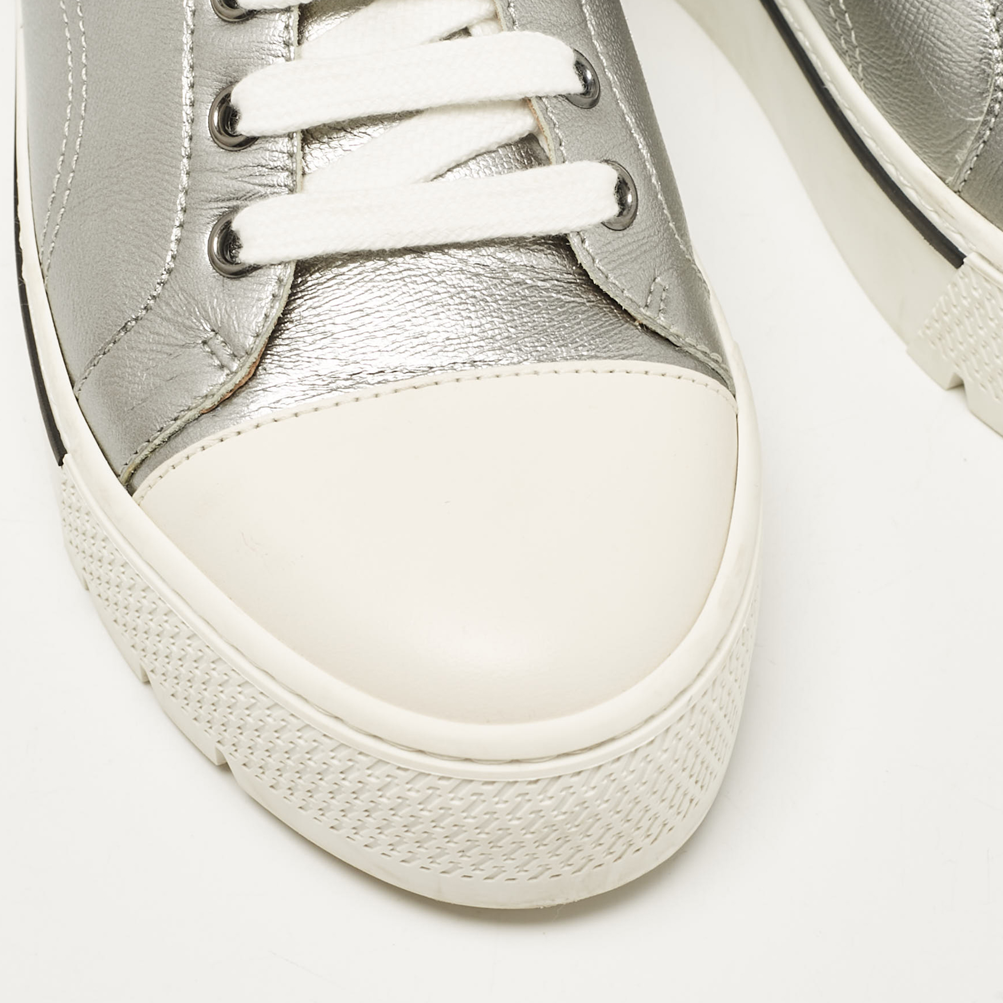 Hermes Silver/White Leather Voltage Low Top Sneakers Size 38 