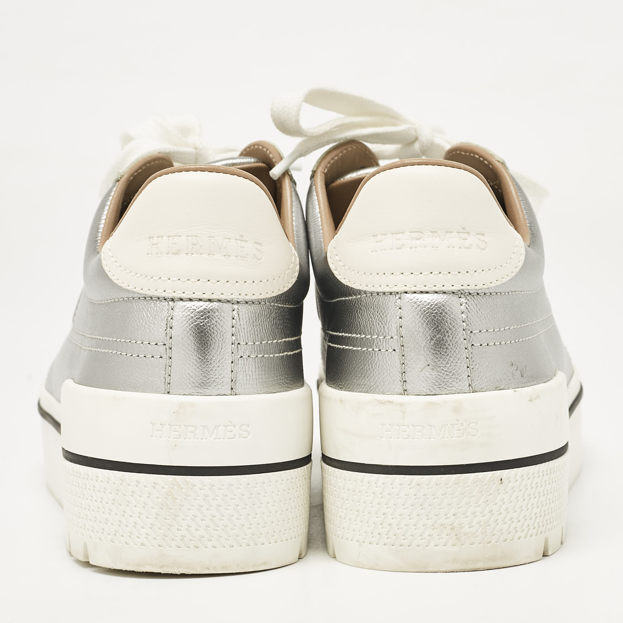 Hermes Silver/White Leather Voltage Low Top Sneakers Size 38 