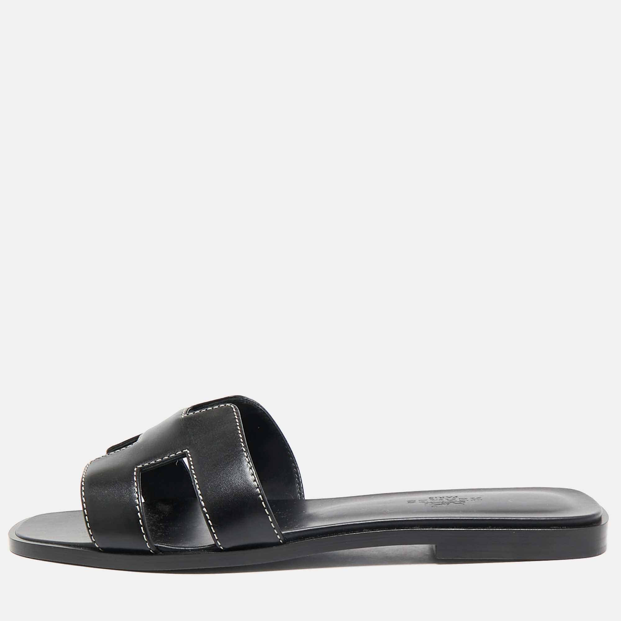 

Hermes Black Leather Oran Flat Slide Sandals Size