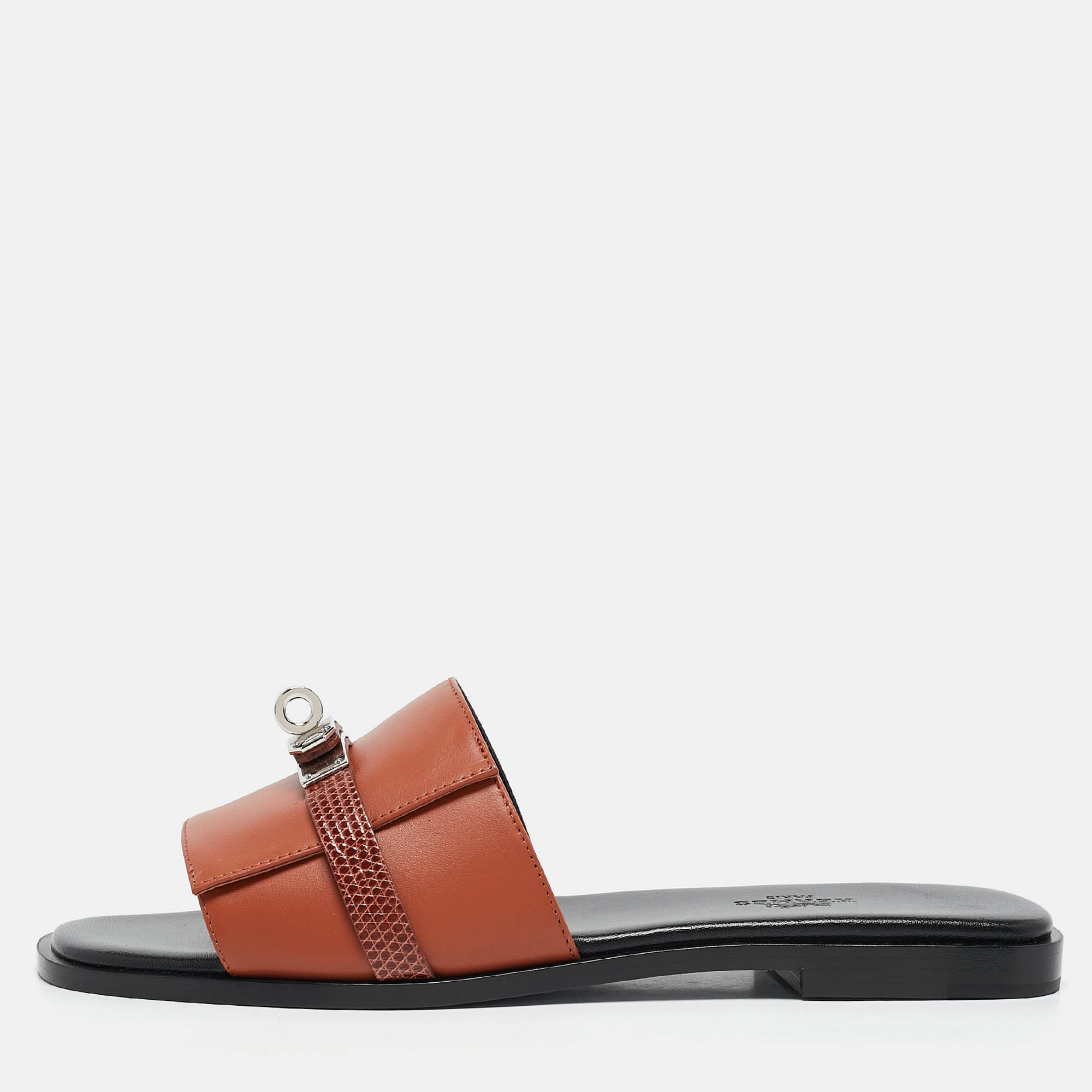 

Hermes Brown Lizard and Leather Giulia Flat Slides Size