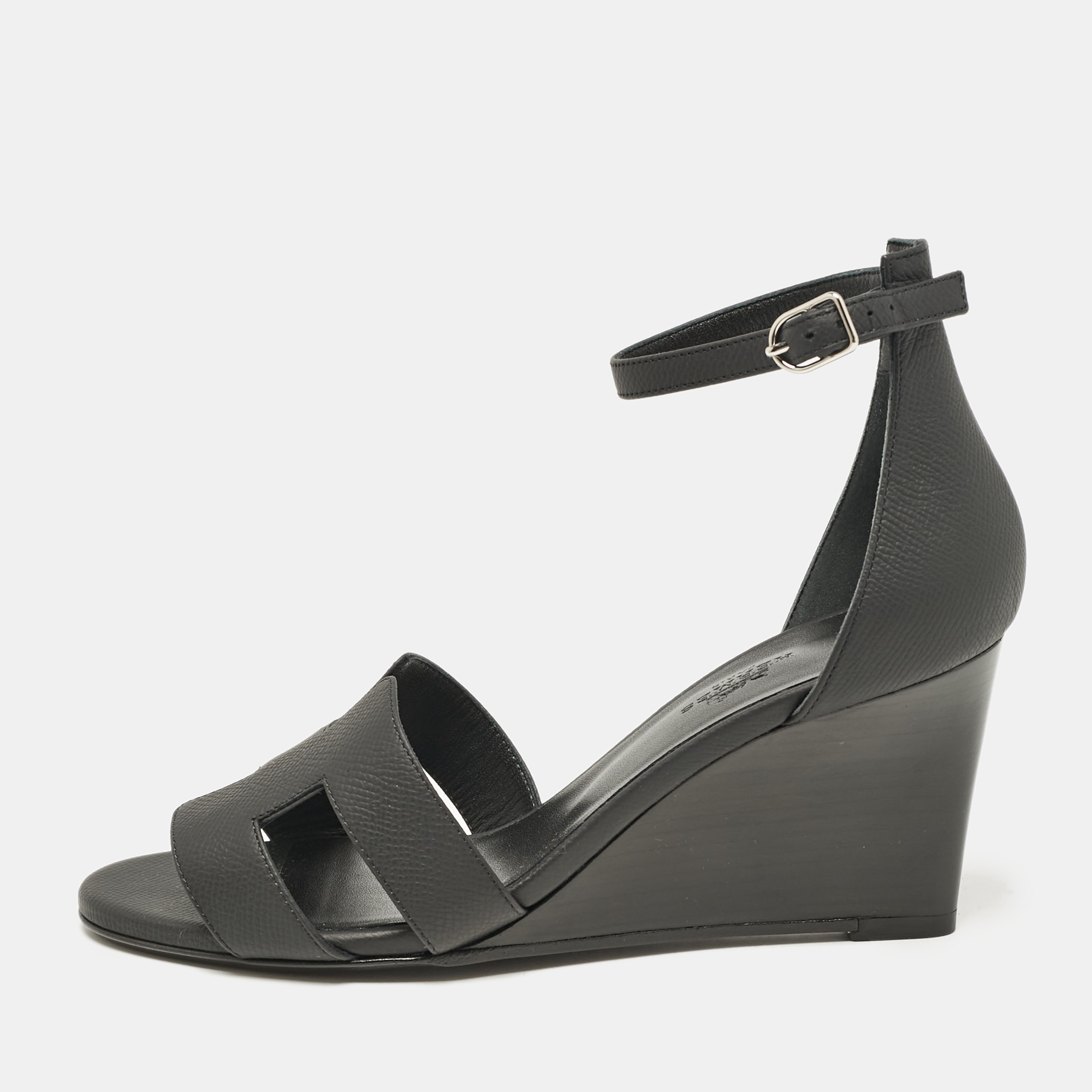 

Hermes Black Leather Legend Wedge Sandals Size