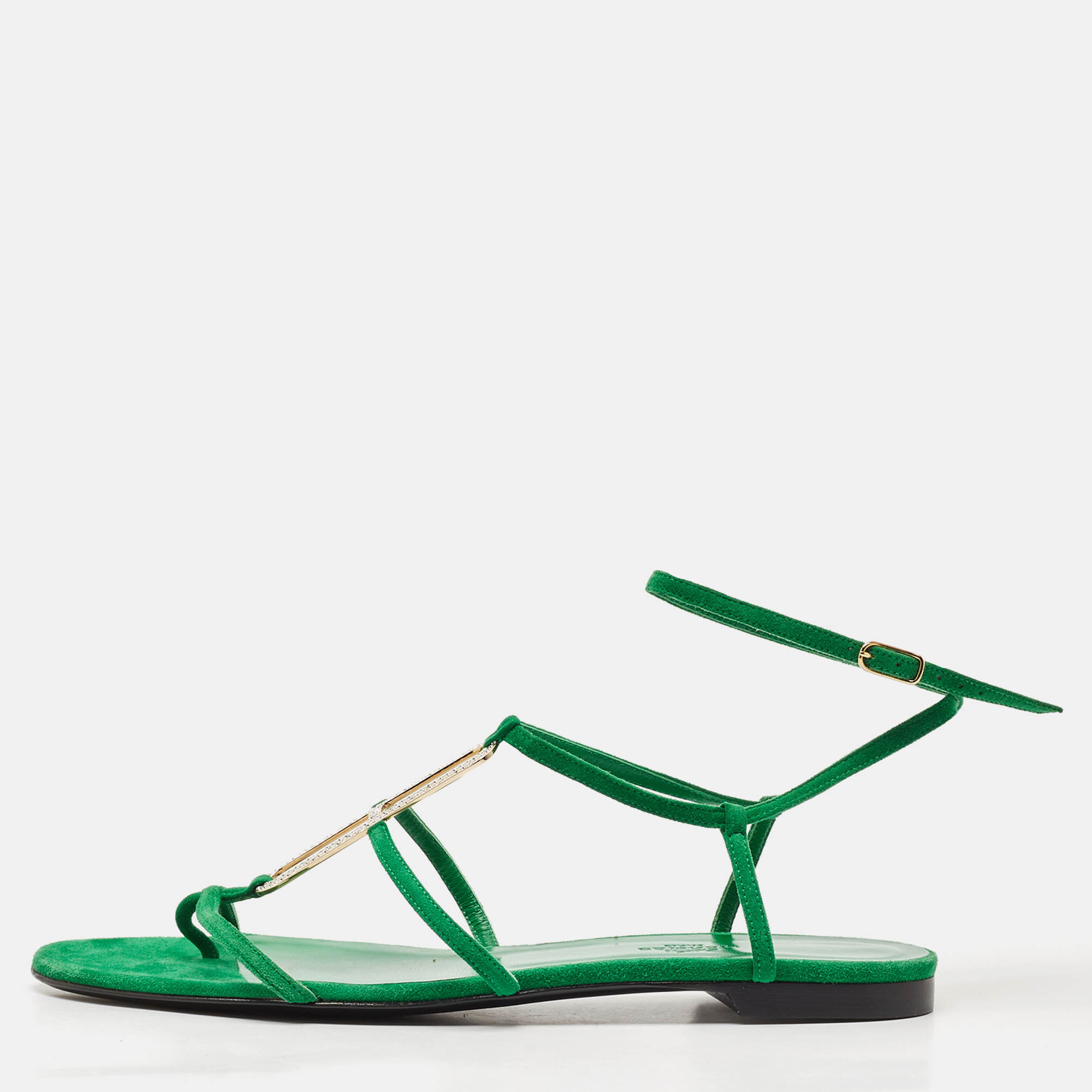 

Hermes Green Suede Diamante Ankle Wrap Flat Sandals Size