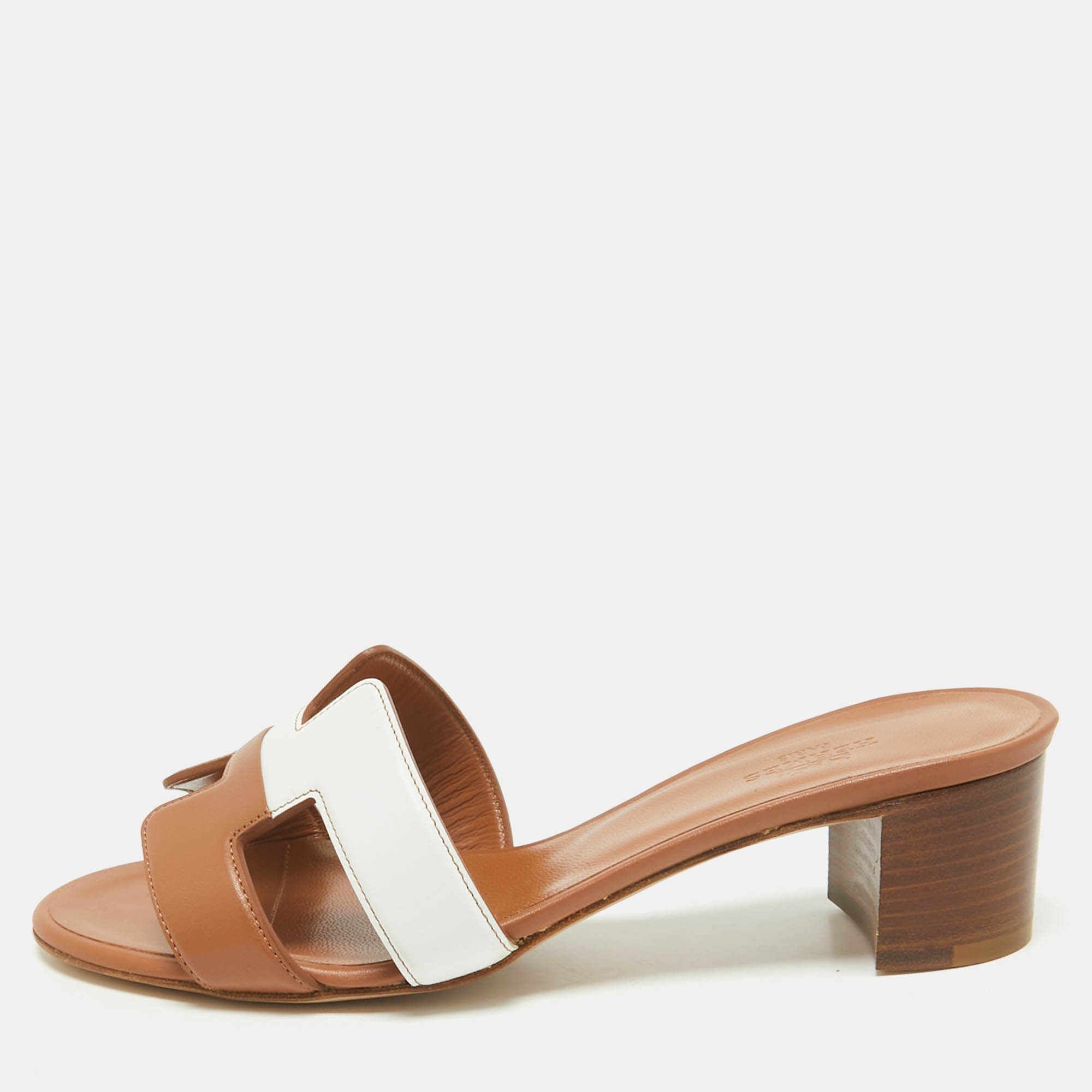 

Hermes Brown/White Leather Oasis Slide Sandals Size, Beige