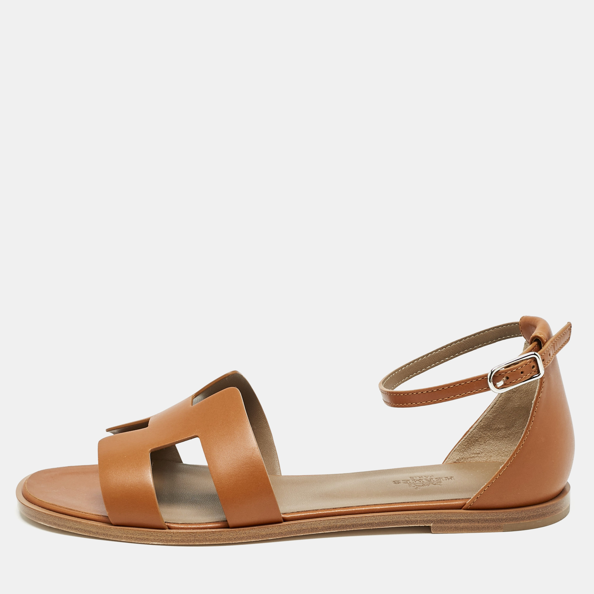 

Hermès Brown Leather Santorini Ankle Strap Flat Sandals Size