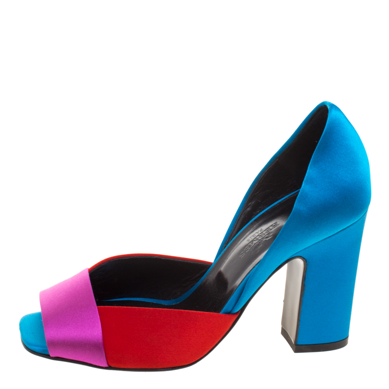 

Hermes Tricolor Satin Block Heel Peep Toe D'orsay Pumps Size, Multicolor