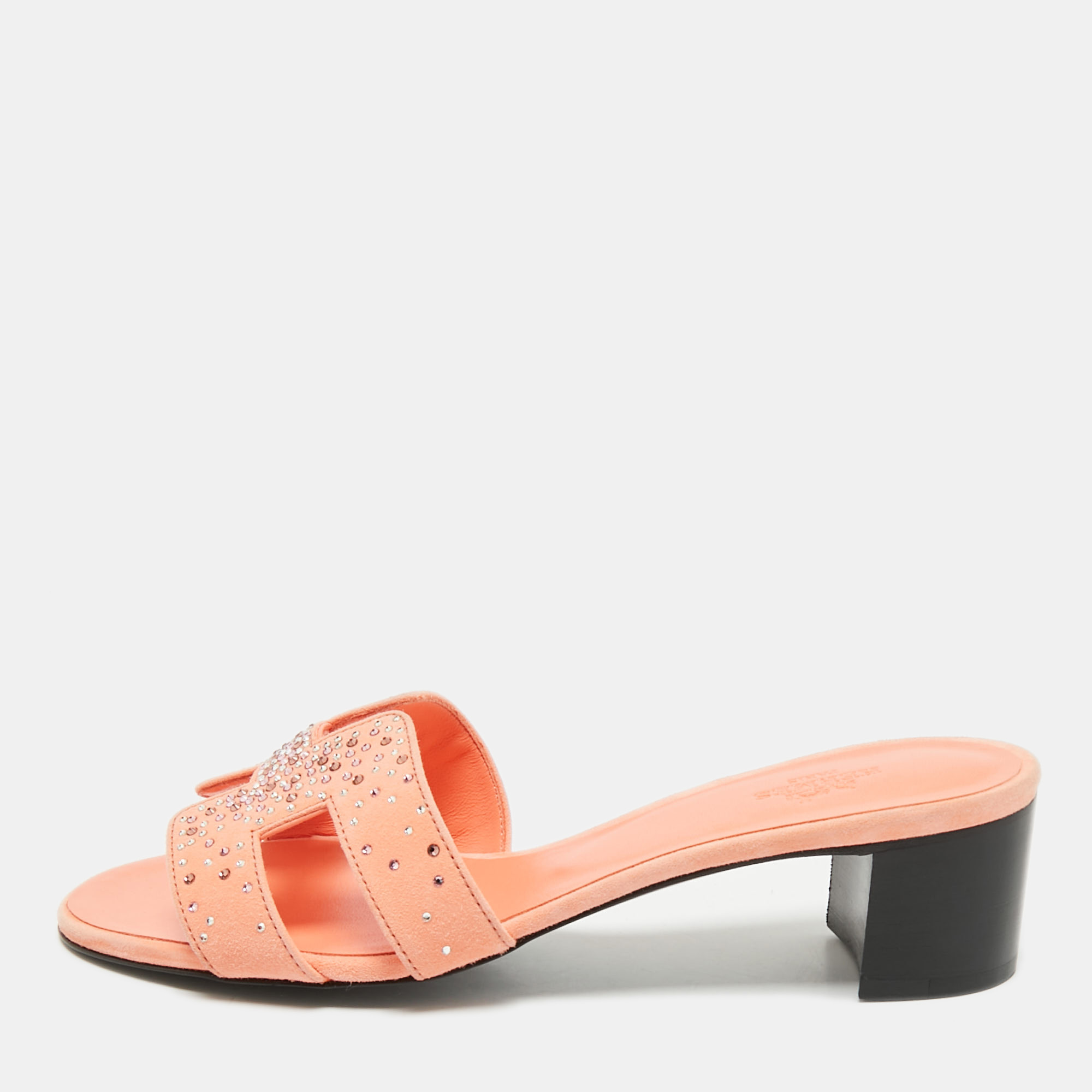 

Hermes Orange Suede Crystal Embellished Oasis Slide Sandals Size