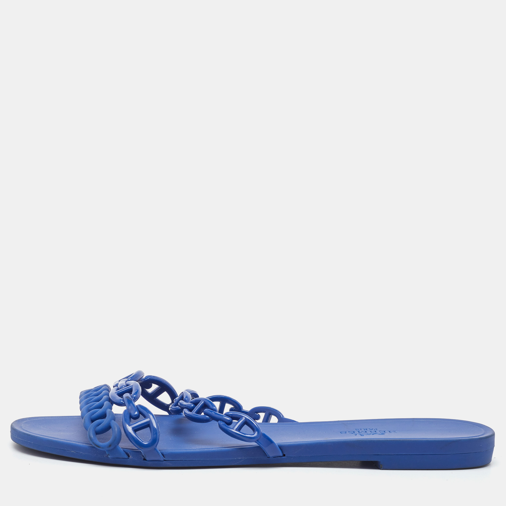 Pre-owned Hermes Blue Rubber Chaine D'ancre Rivage Flat Slide Sandals Size 39