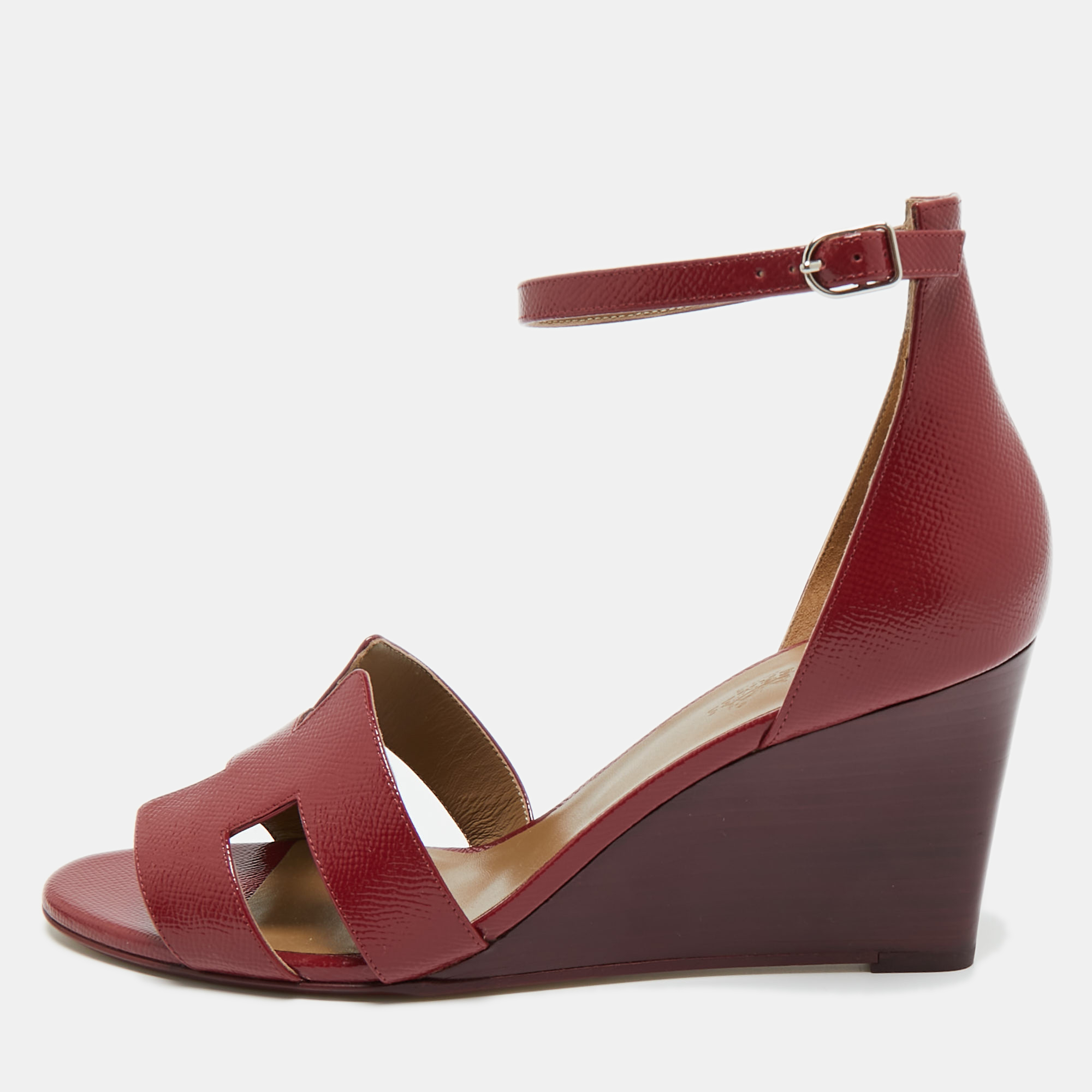 Pre-owned Hermes Burgundy Patent Leather Legend Wedge Sandals Size 42