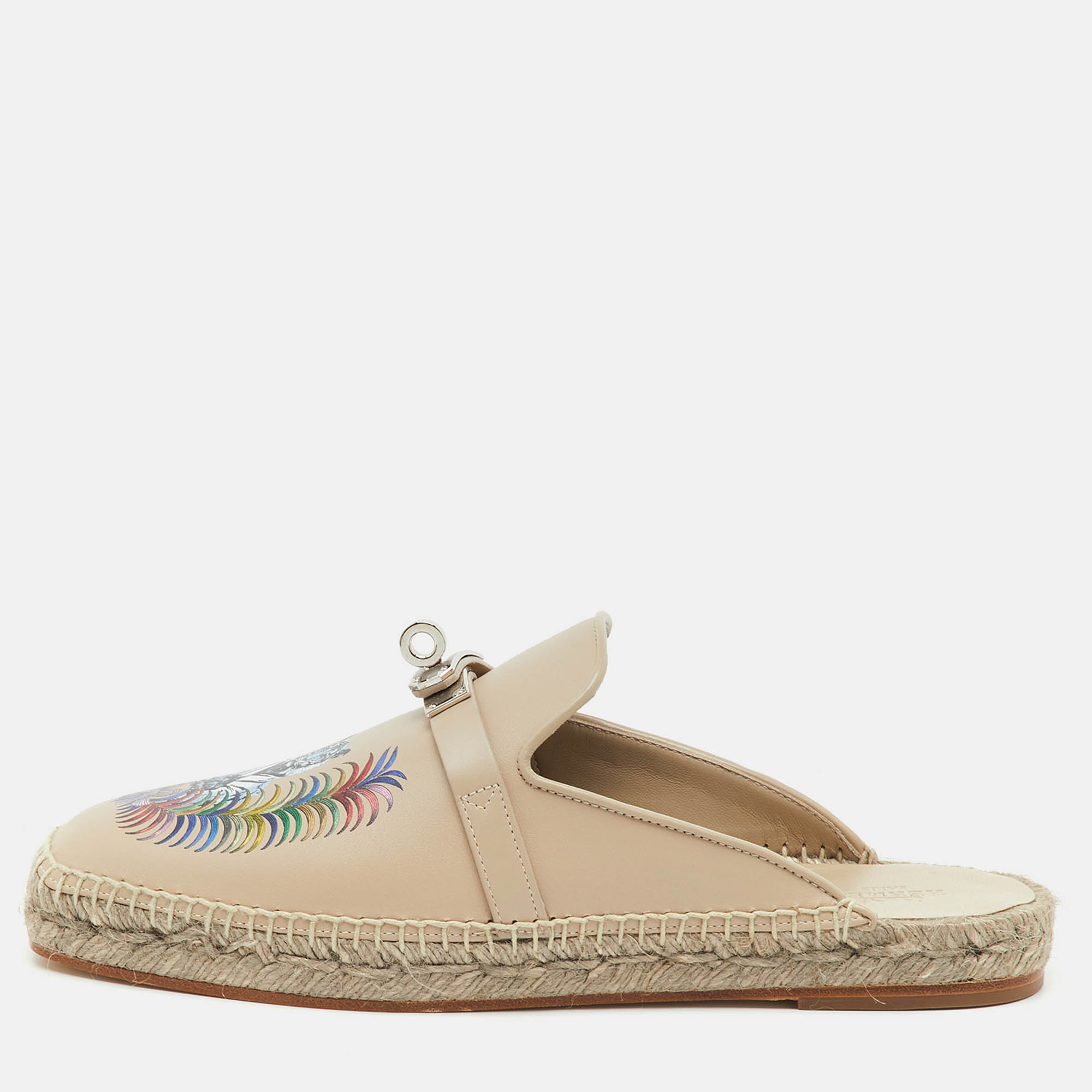 Pre-owned Hermes Cream Leather Tiger Royal Print oz Mules Size 38 In White