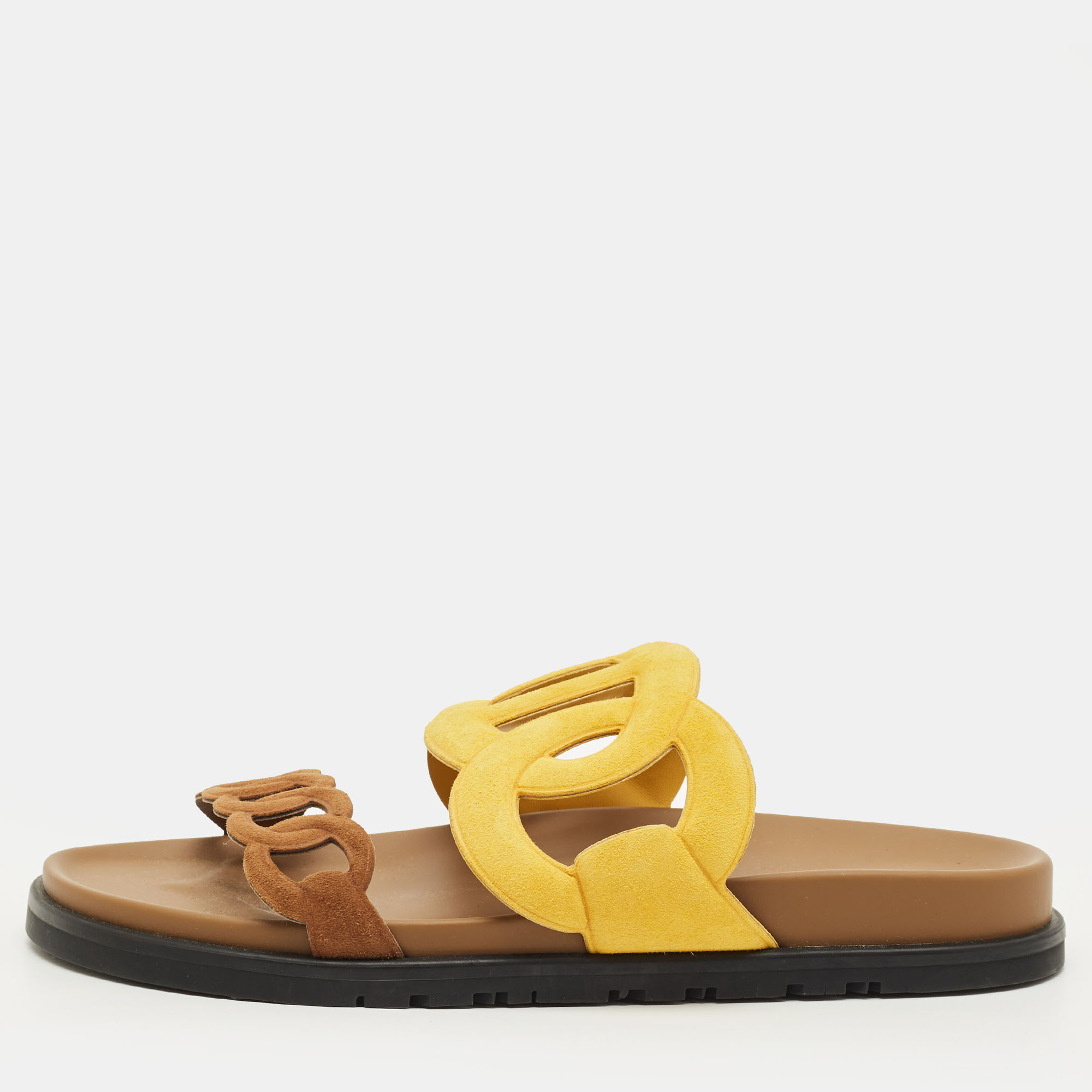 

Hermes Extra Size  Yellow/Brown Suede Flat Sandals