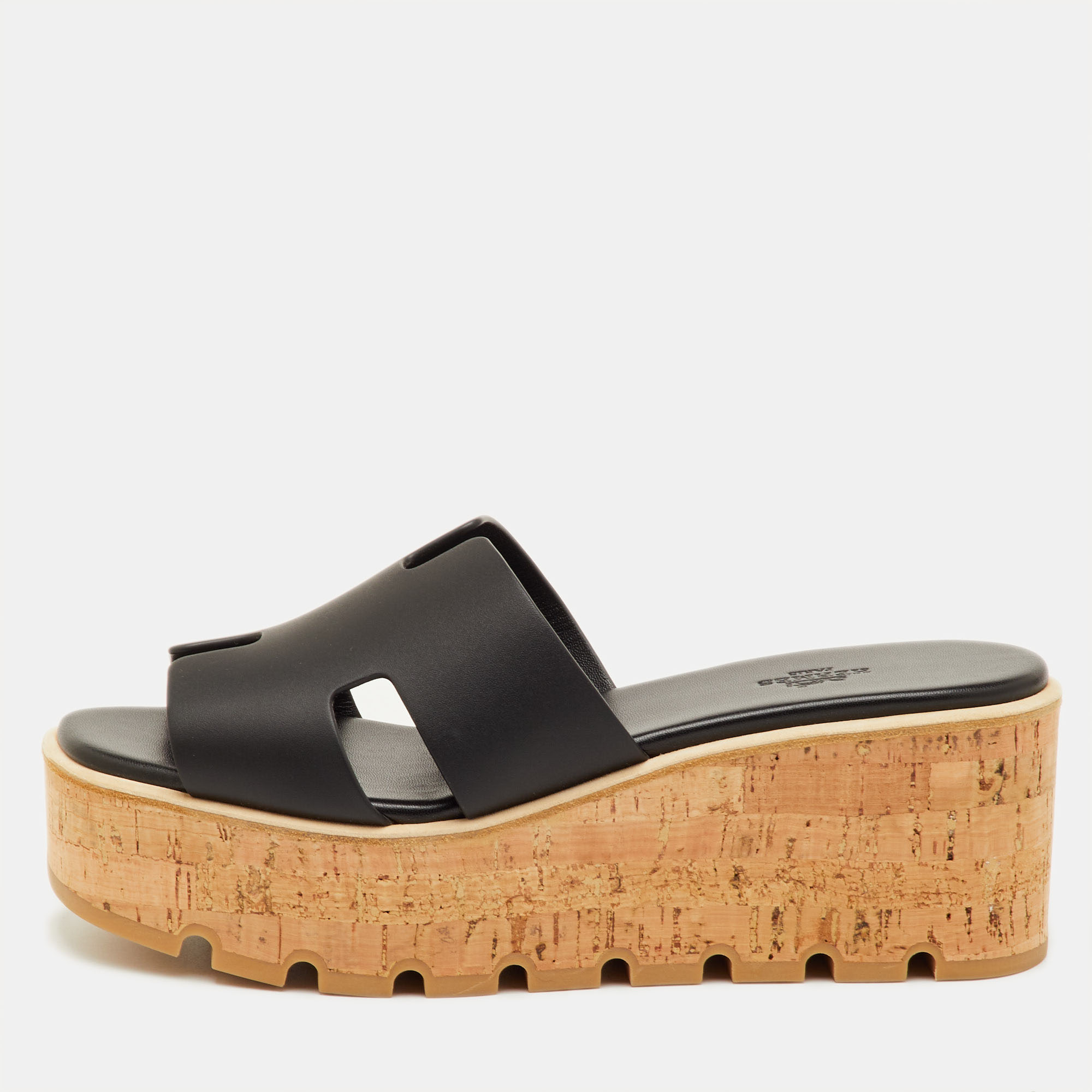 Pre-owned Hermes Hermès Eze 30 Size 40 Black Leather Cork Platform Slide Sandals