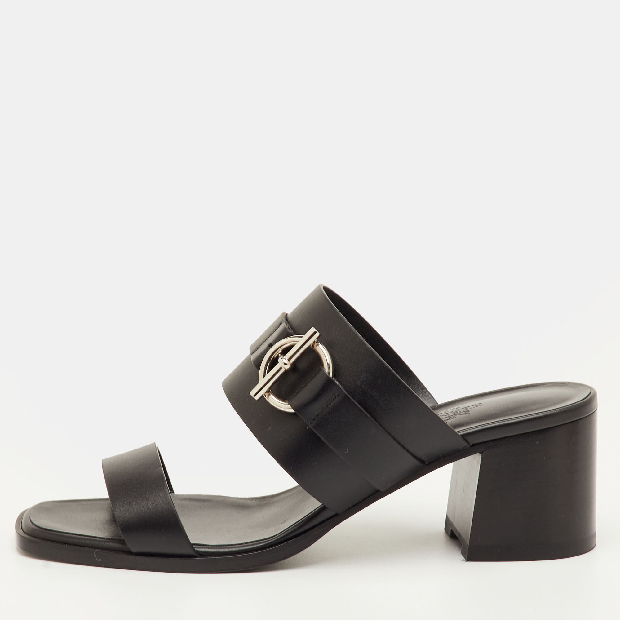 

Hermes Kute Size  Black Leather Block Heel Slide Sandals