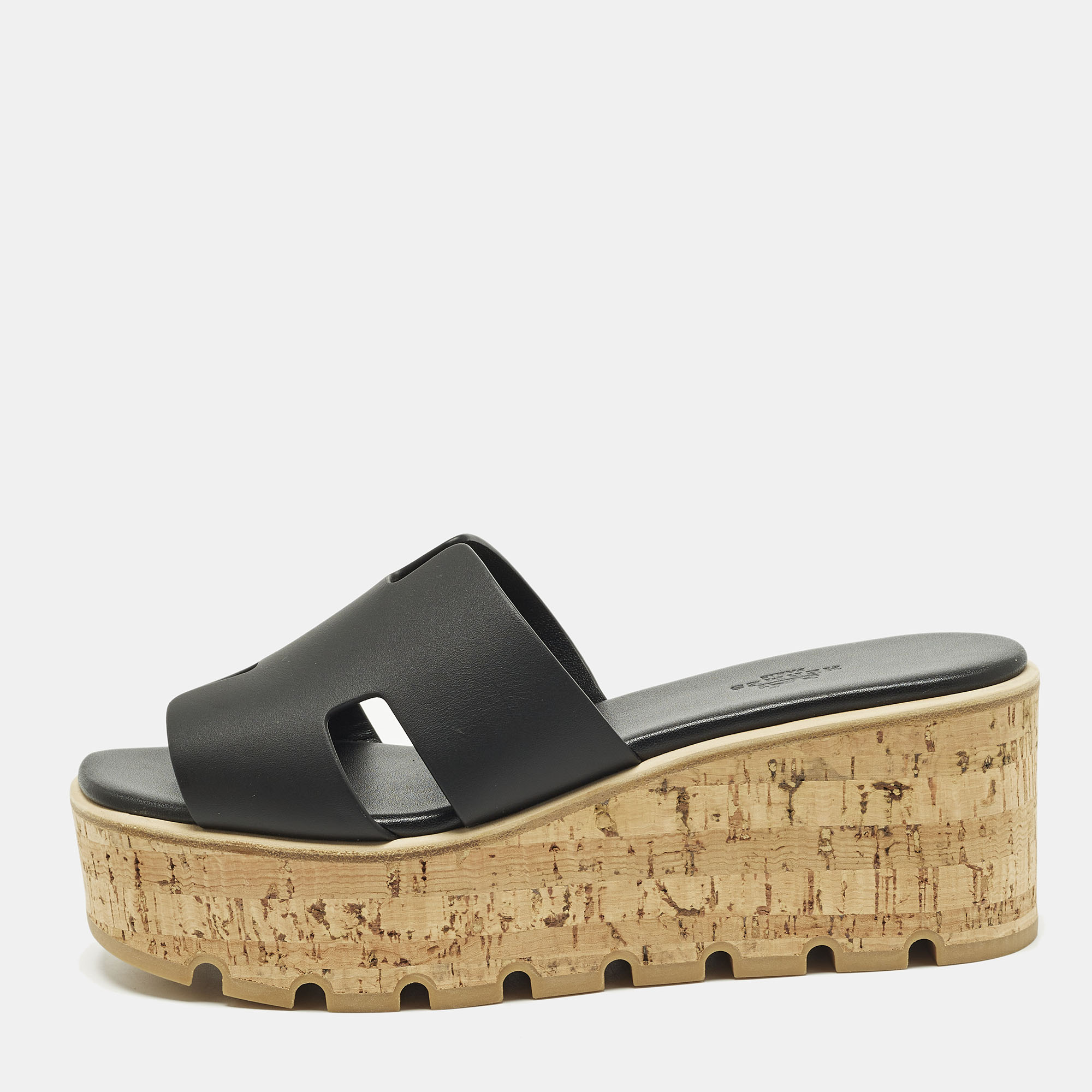 مملوكة مسبقًا صندل منصة فلين جلد أسود هيرميس إيز مقاس 39