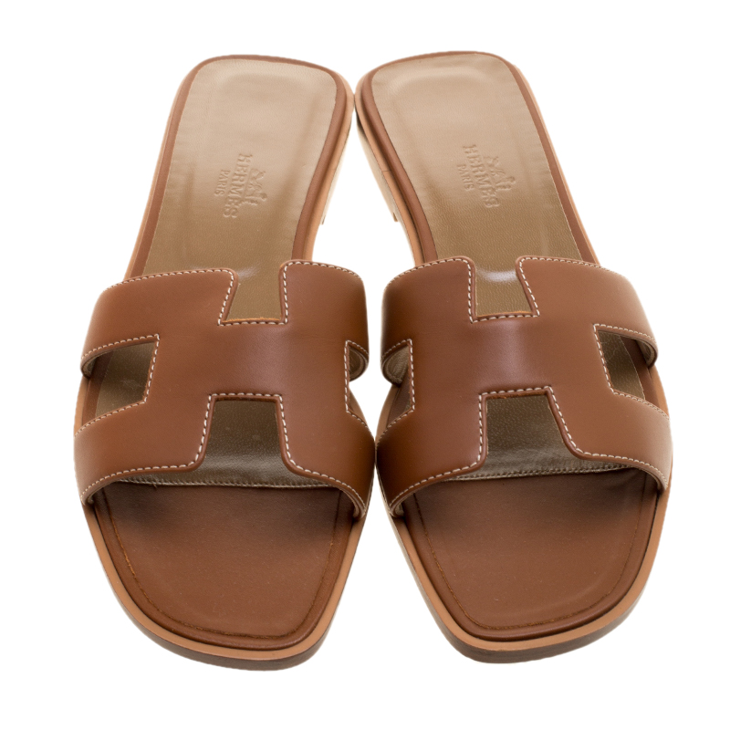 Hermes Brown Leather Oran Flat Sandals Size 39 Hermes | TLC