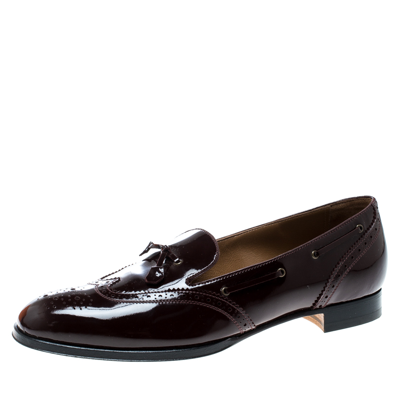 Pre Owned Hermes Burgundy Patent Leather Brogue Loafers Size 39