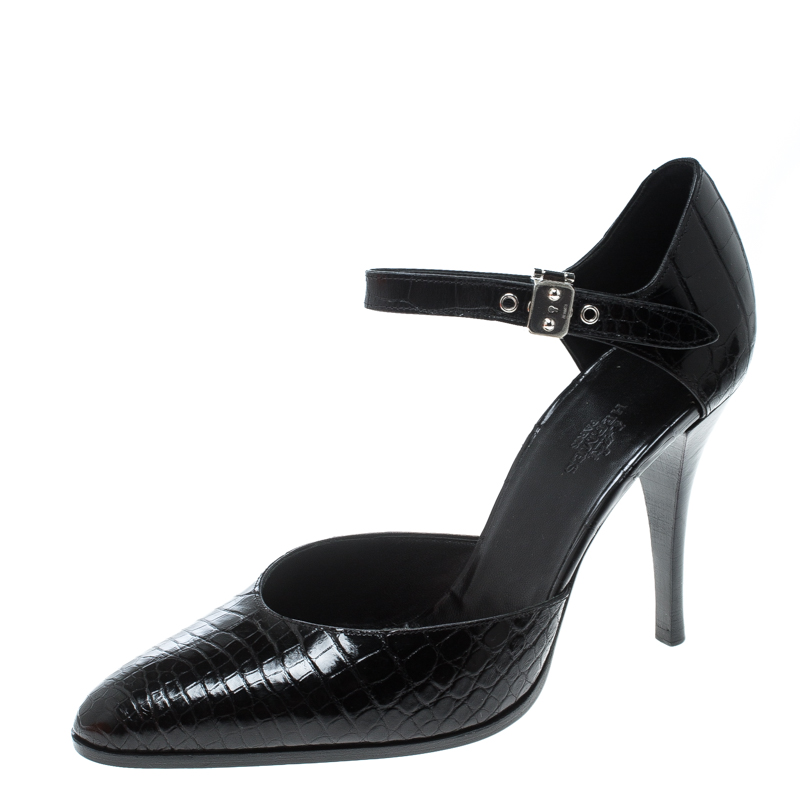 Pre Owned Hermes Black Crocodile Leather Ankle Strap Pumps Size 38.5